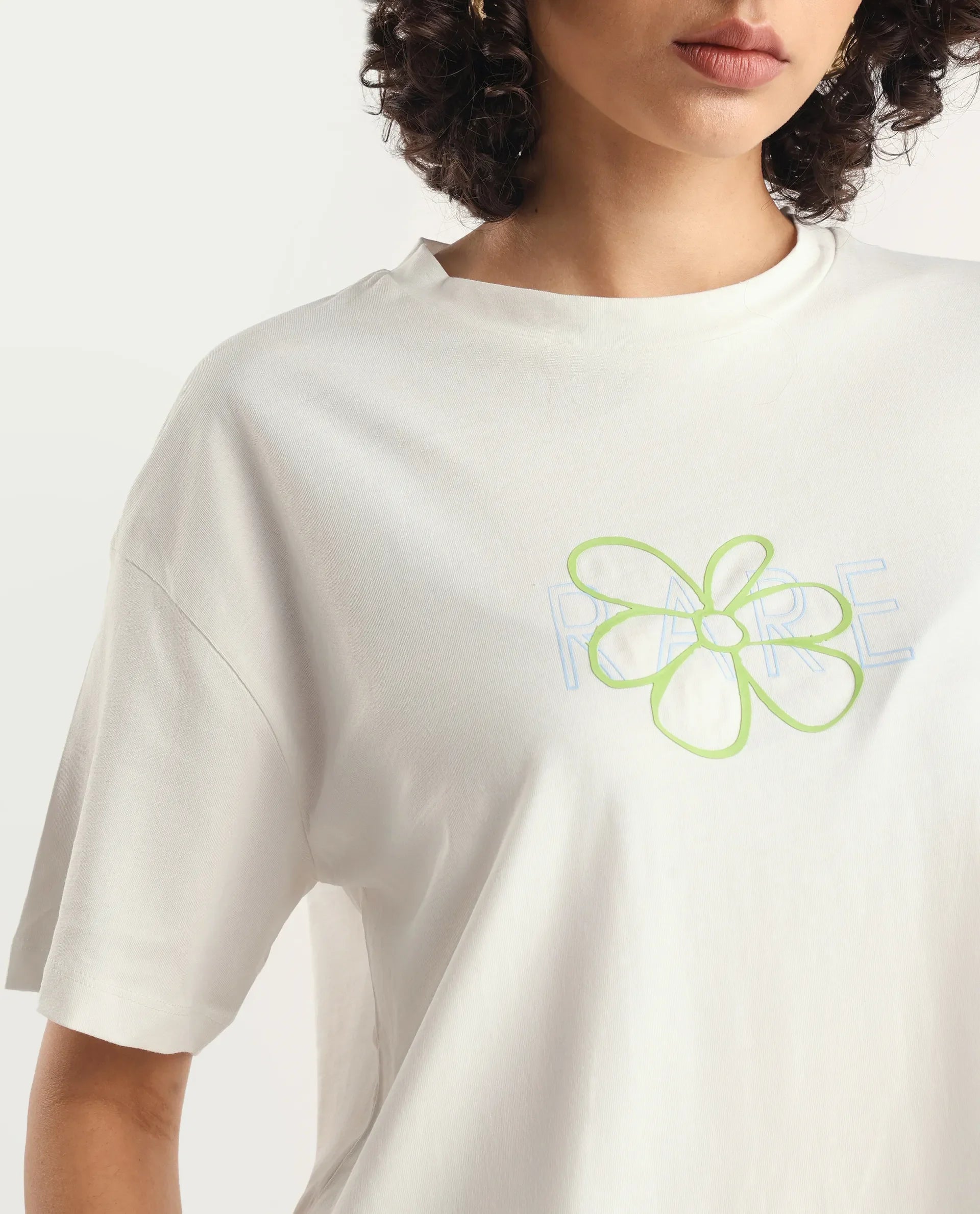 Rareism Women's Karen Off White Cotton Blend Crew Neck Graphic Print Boxy Fit T-Shirt