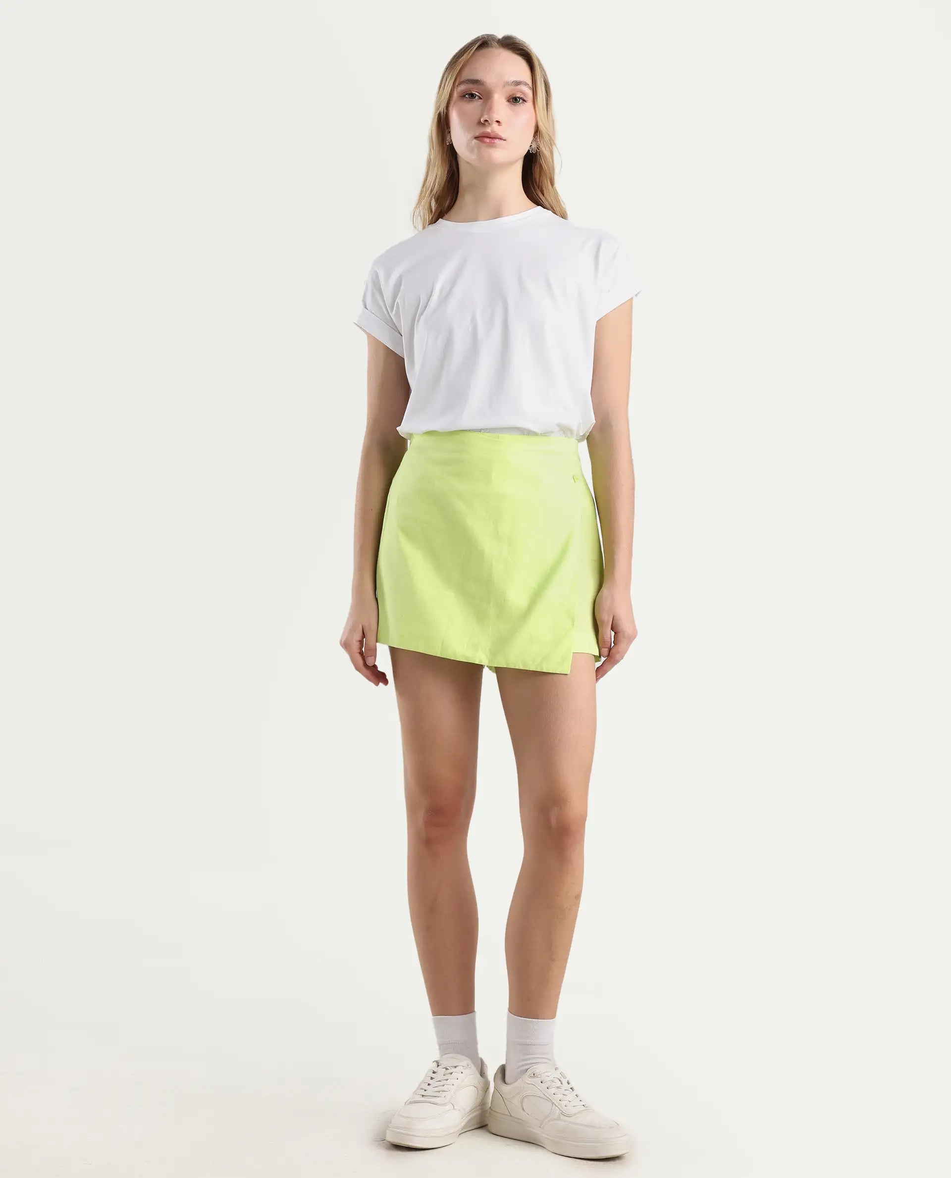 Rareism Women's Karine Flouroscent Green Cotton Plain Mini Regular Fit Skirt