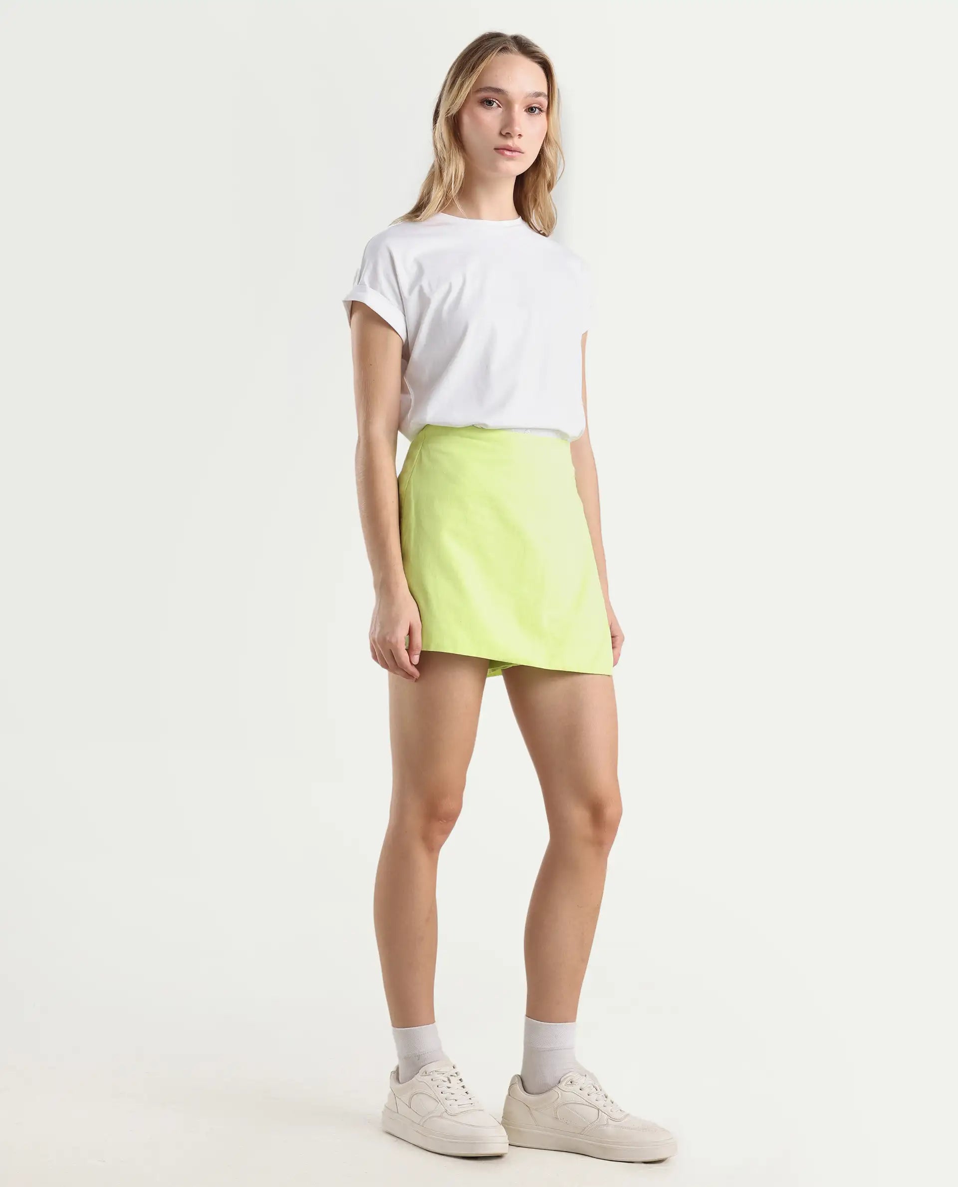 Rareism Women's Karine Flouroscent Green Cotton Plain Mini Regular Fit Skirt