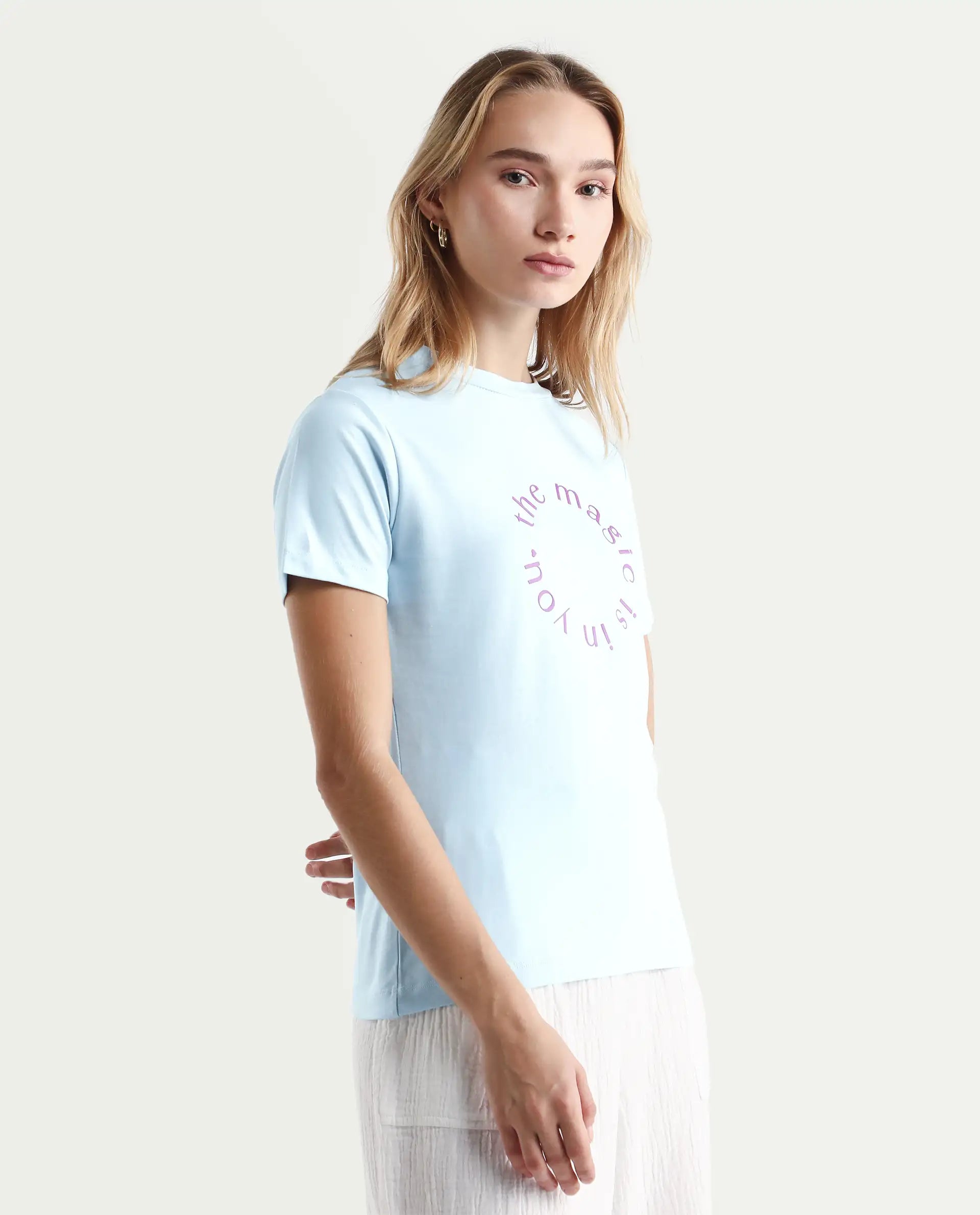 Rareism Women's Karlie Light Blue Cotton Crew Neck Graphic Print Regular Fit T-Shirt