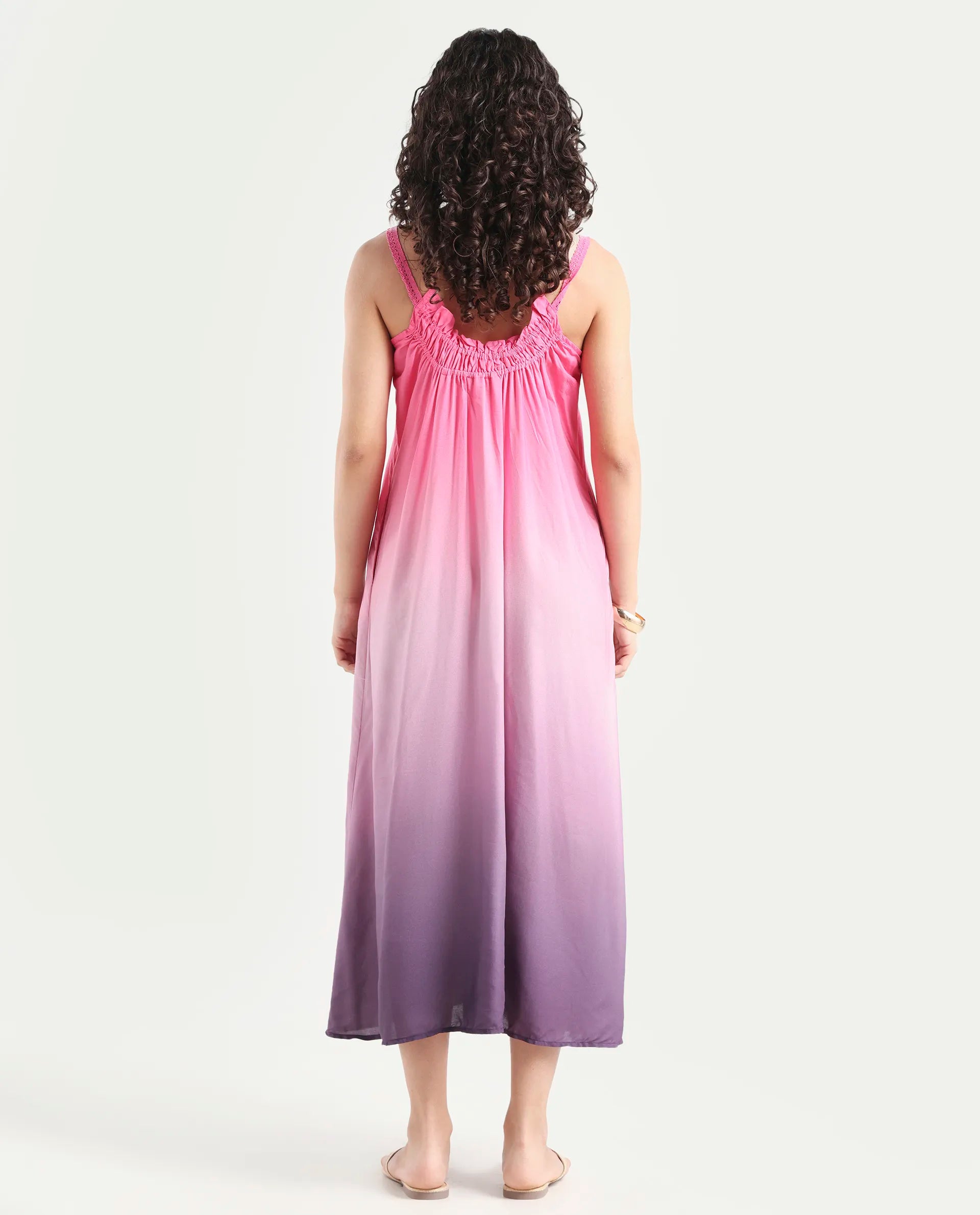 Rareism Women's Kathy Multi Viscose Shoulder Strap Ombre Shoulder Strap Midi Regular Fit Dress
