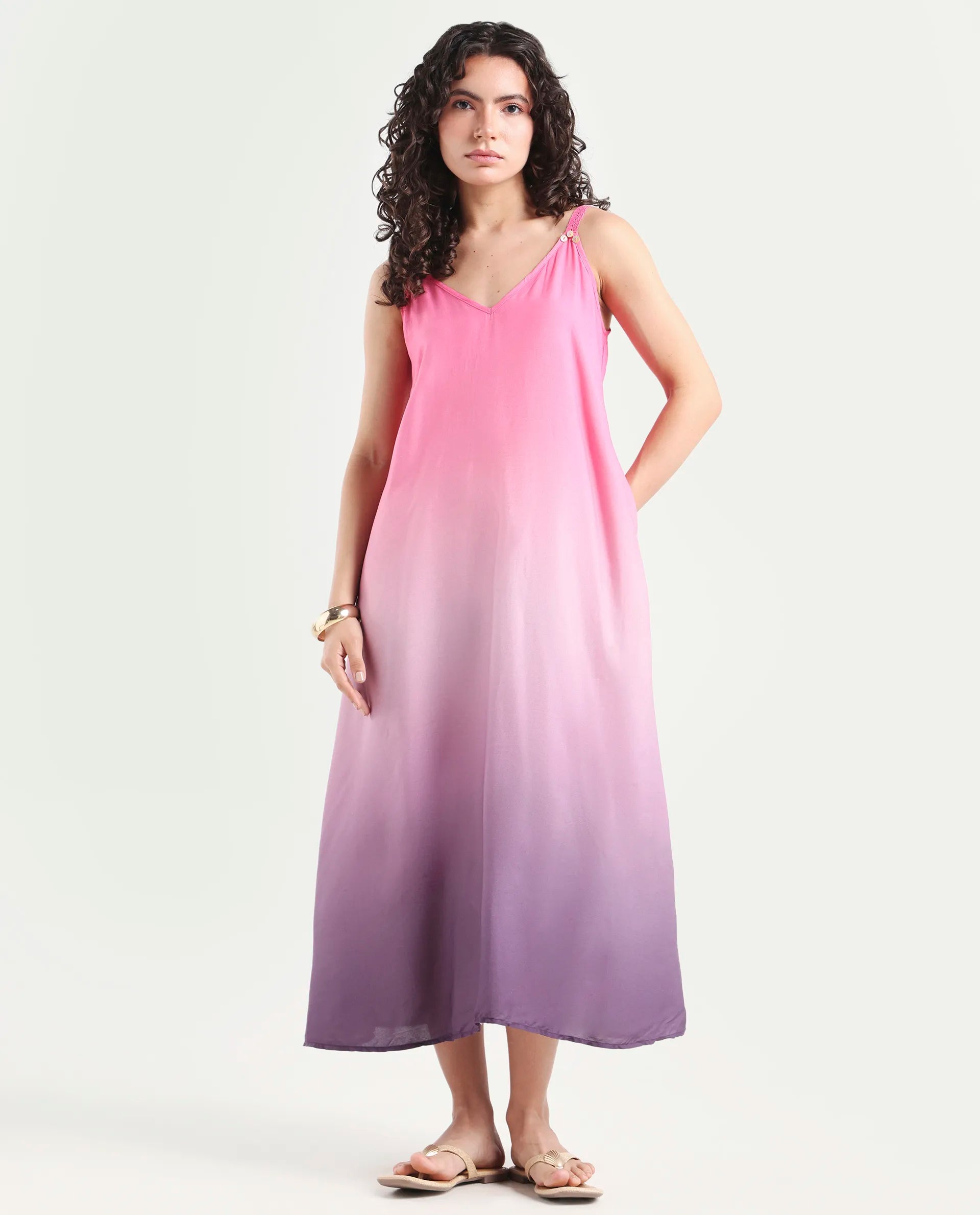 Rareism Women's Kathy Multi Viscose Shoulder Strap Ombre Shoulder Strap Midi Regular Fit Dress