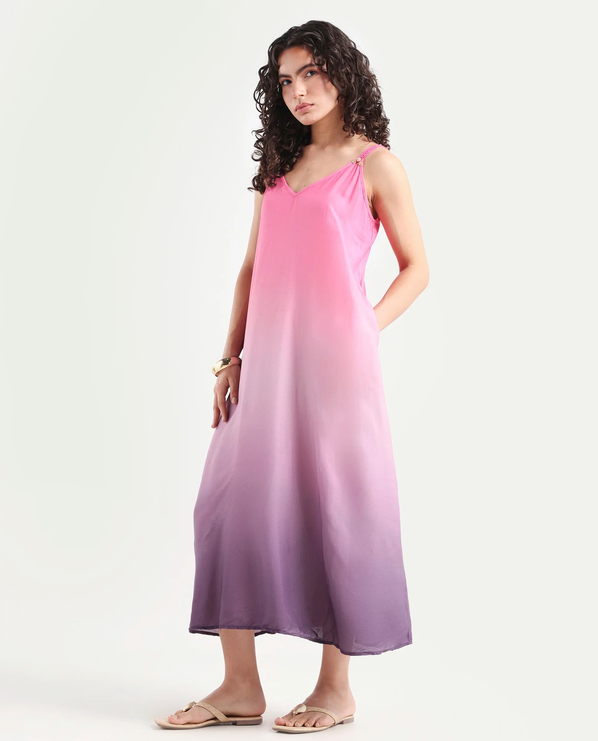 Rareism Women's Kathy Multi Viscose Shoulder Strap Ombre Shoulder Strap Midi Regular Fit Dress