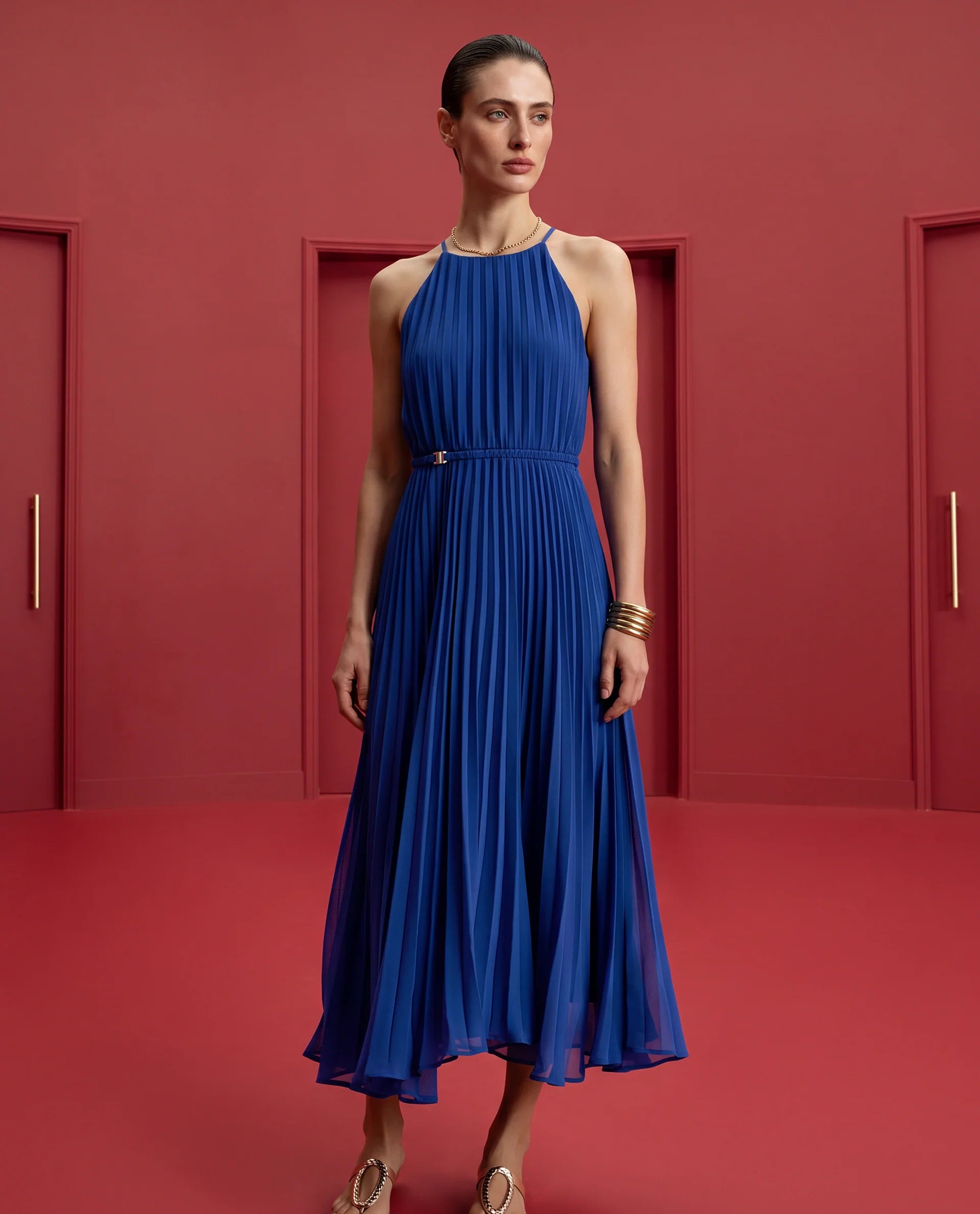 Rareism Women's Keplet Blue Polyester Halter Neck A-Line Plain Dress