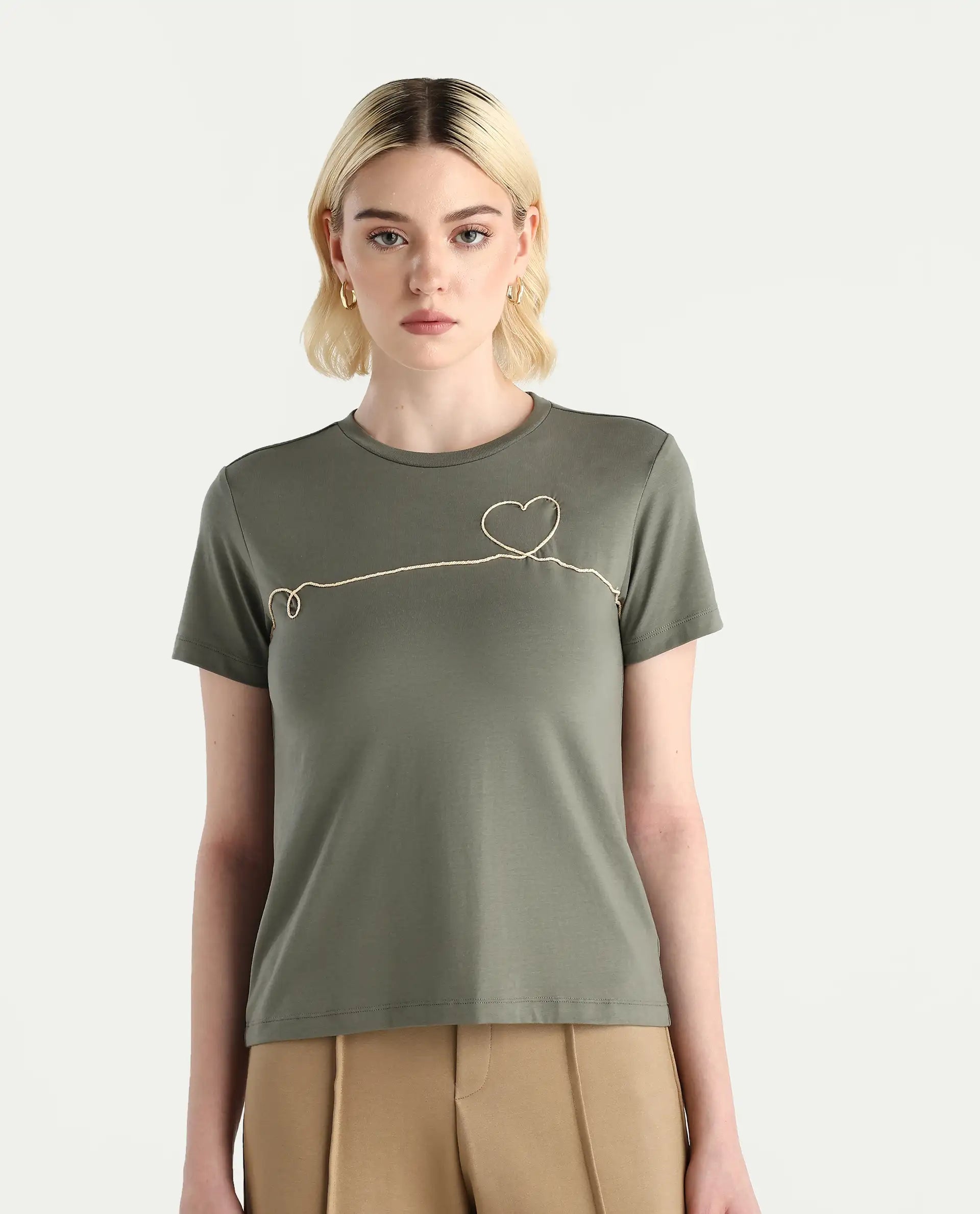 Rareism Women's Keyf Dusky Green Cotton Blend Fabric Crew Neck Regular Fit Printed T-Shirt