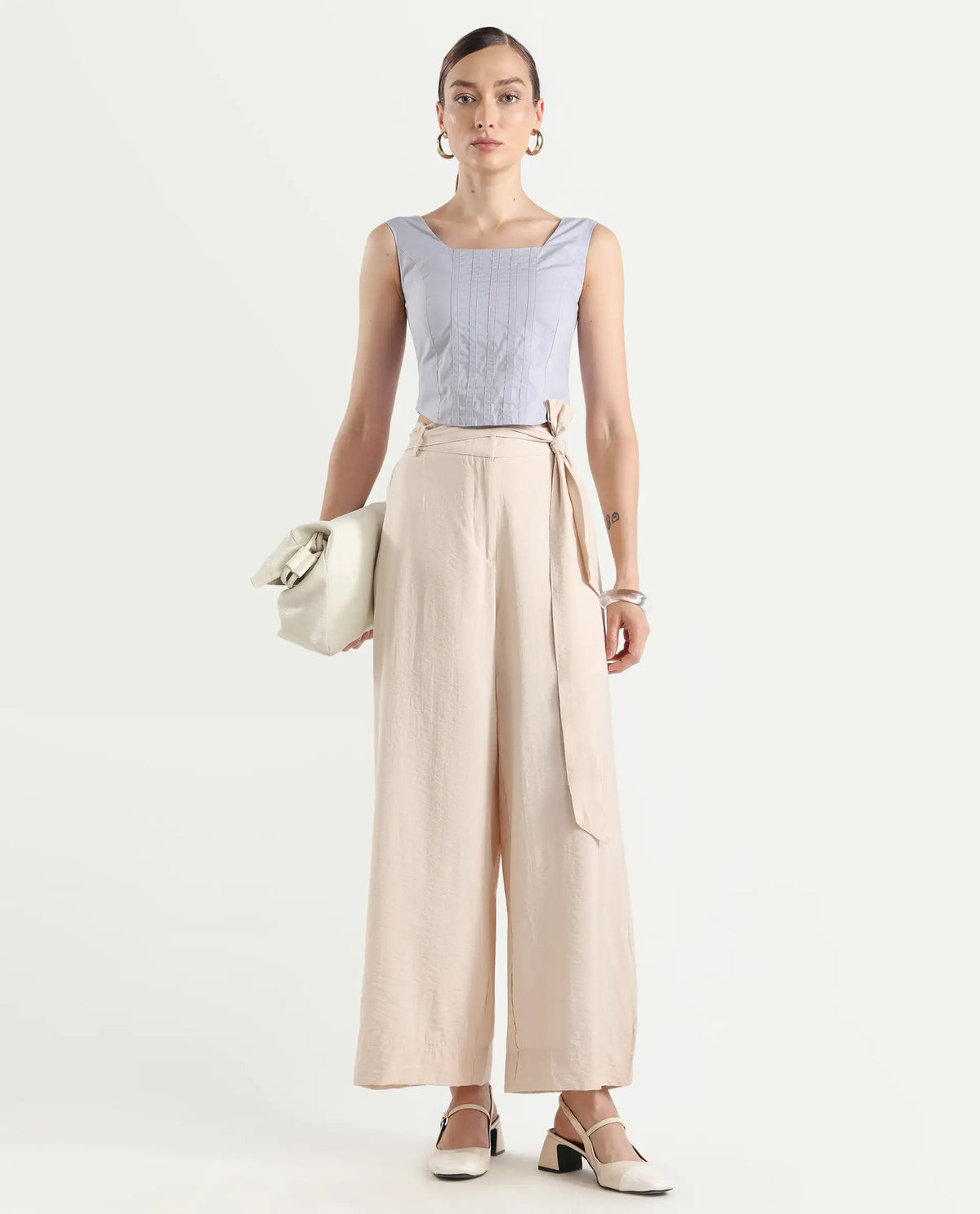 Rareism Women's Kingko Beige Cotton Blend Plain Ankle Length Straight Fit Trouser