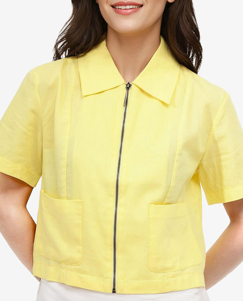 Rareism Women Klappy Yellow Short Sleeve Collared Neck Zipper Closure Cropped Plain Top