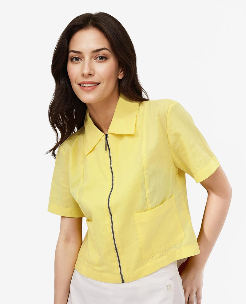 Rareism Women Klappy Yellow Short Sleeve Collared Neck Zipper Closure Cropped Plain Top