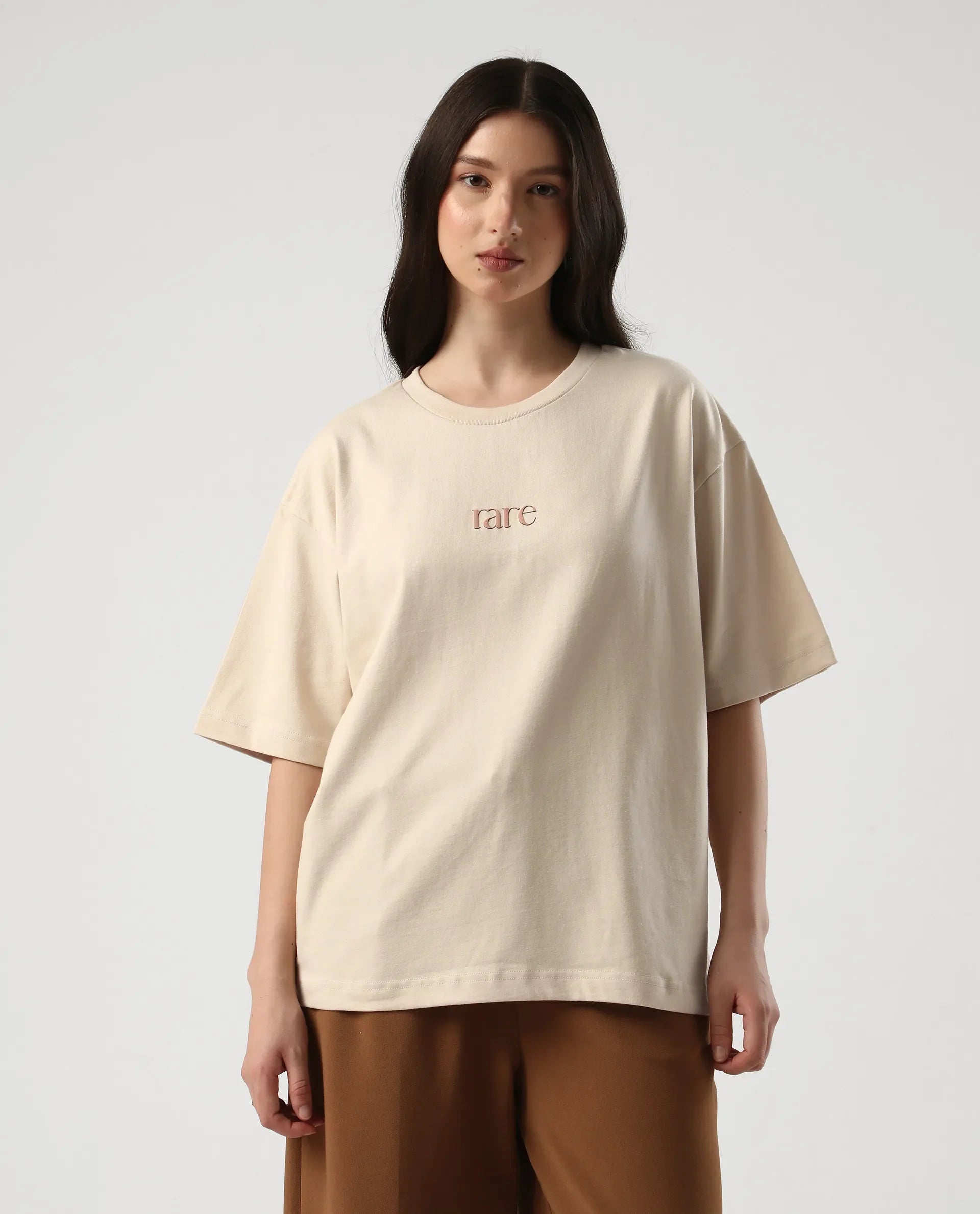 Rareism Women's Klend Off White Cotton Graphic Print Oversized T-Shirt