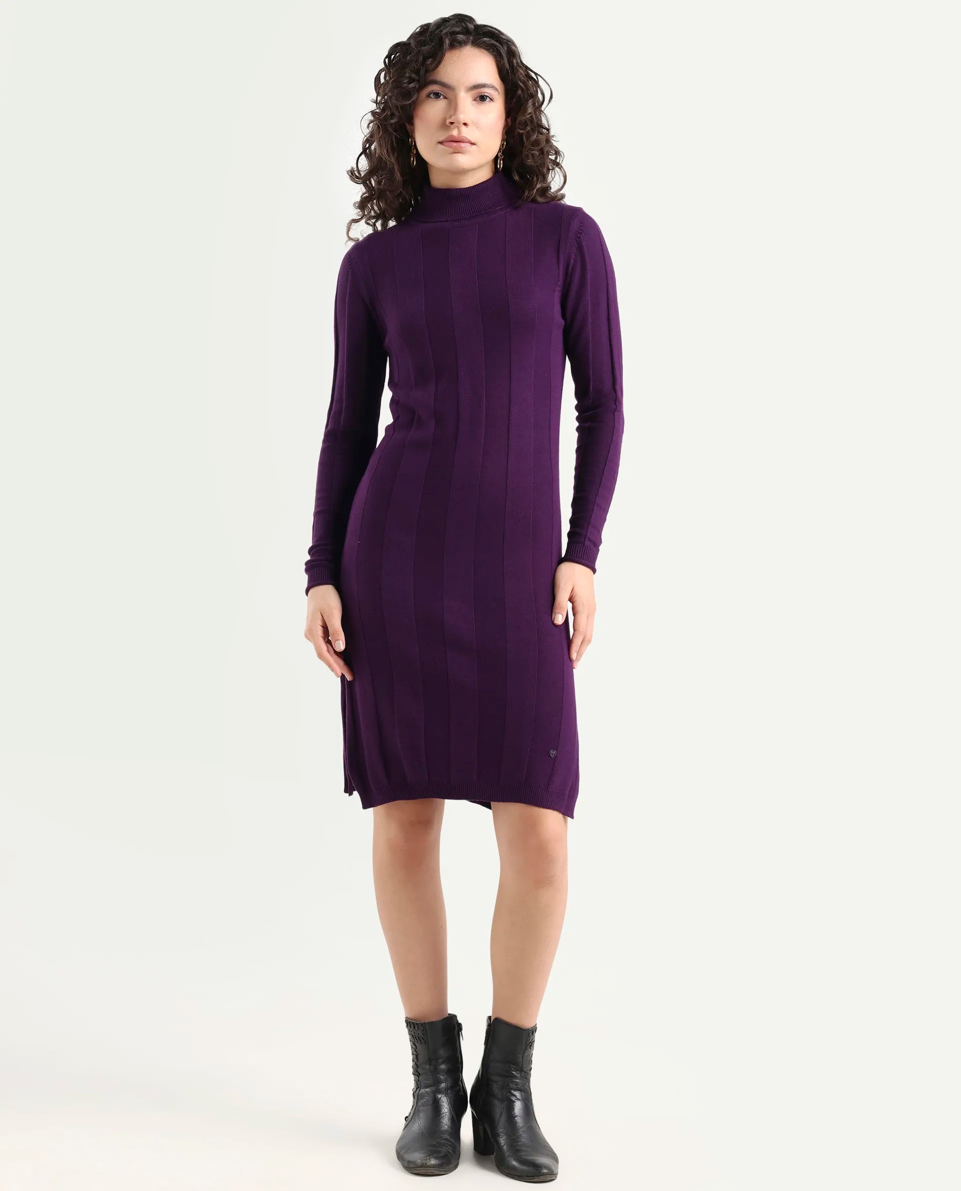 Rareism Women's Knitka Purple Cotton Turtle Neck Striped Knee Length Regular Fit Sweater