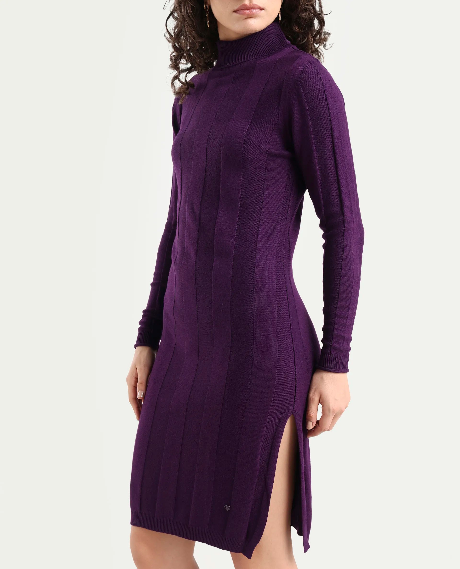 Rareism Women's Knitka Purple Cotton Turtle Neck Striped Knee Length Regular Fit Sweater