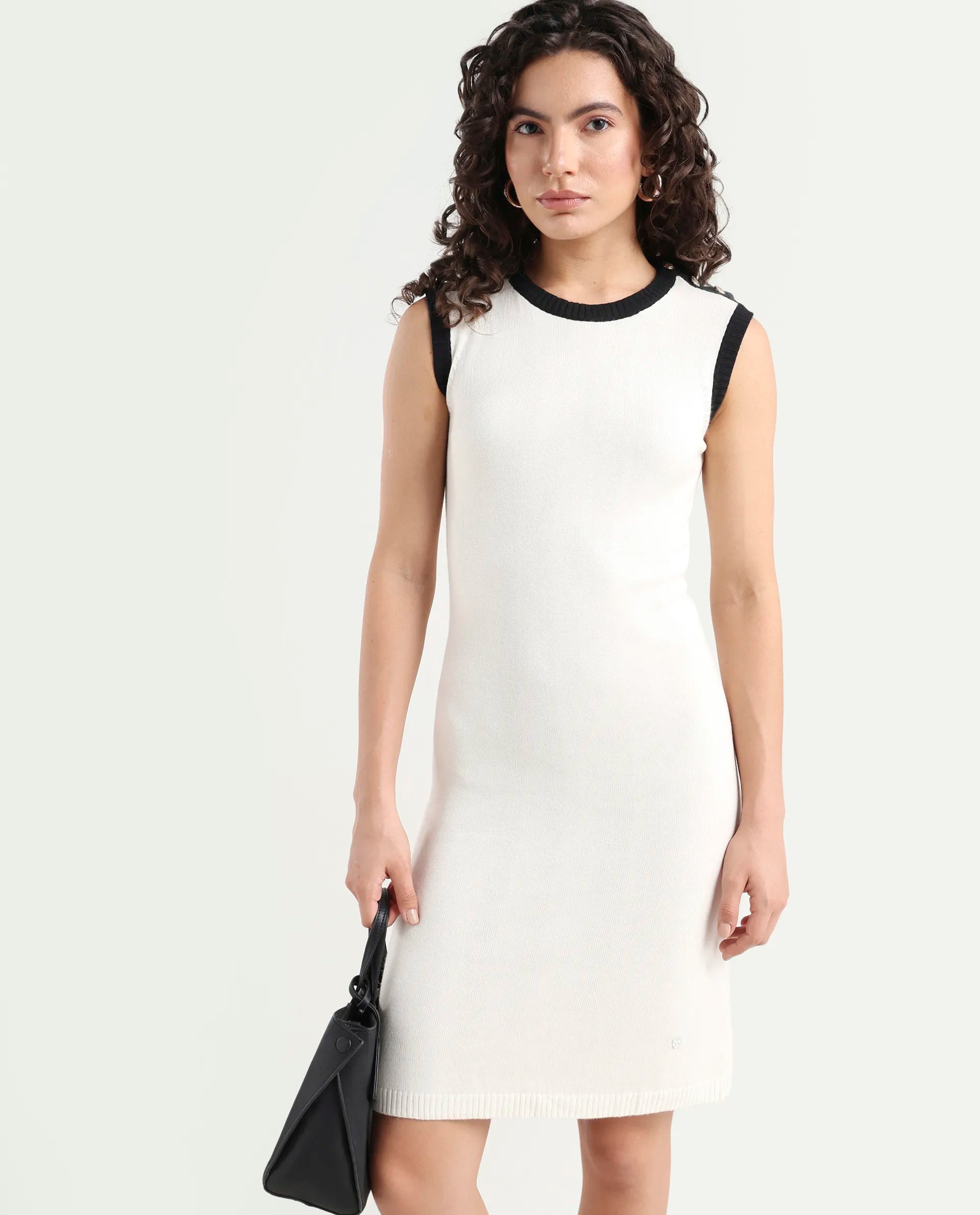 Rareism Women's Knitso Off White Cotton Crew Neck Plain Sleeveless Knee Length Regular Fit Sweater