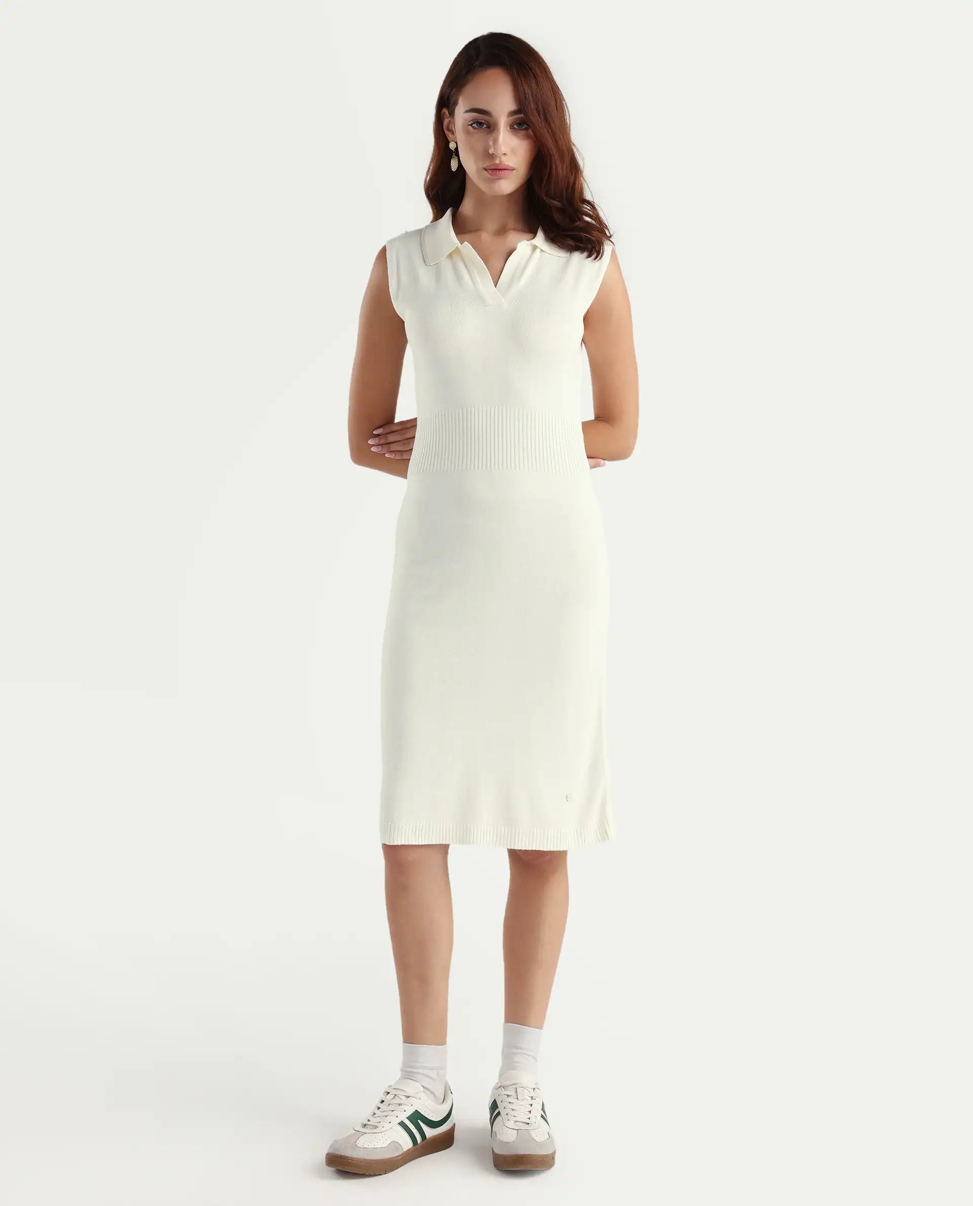 Rareism Women's Knitsy Off White Cotton Spread Collar Plain Sleeveless Knee Length Regular Fit Sweater