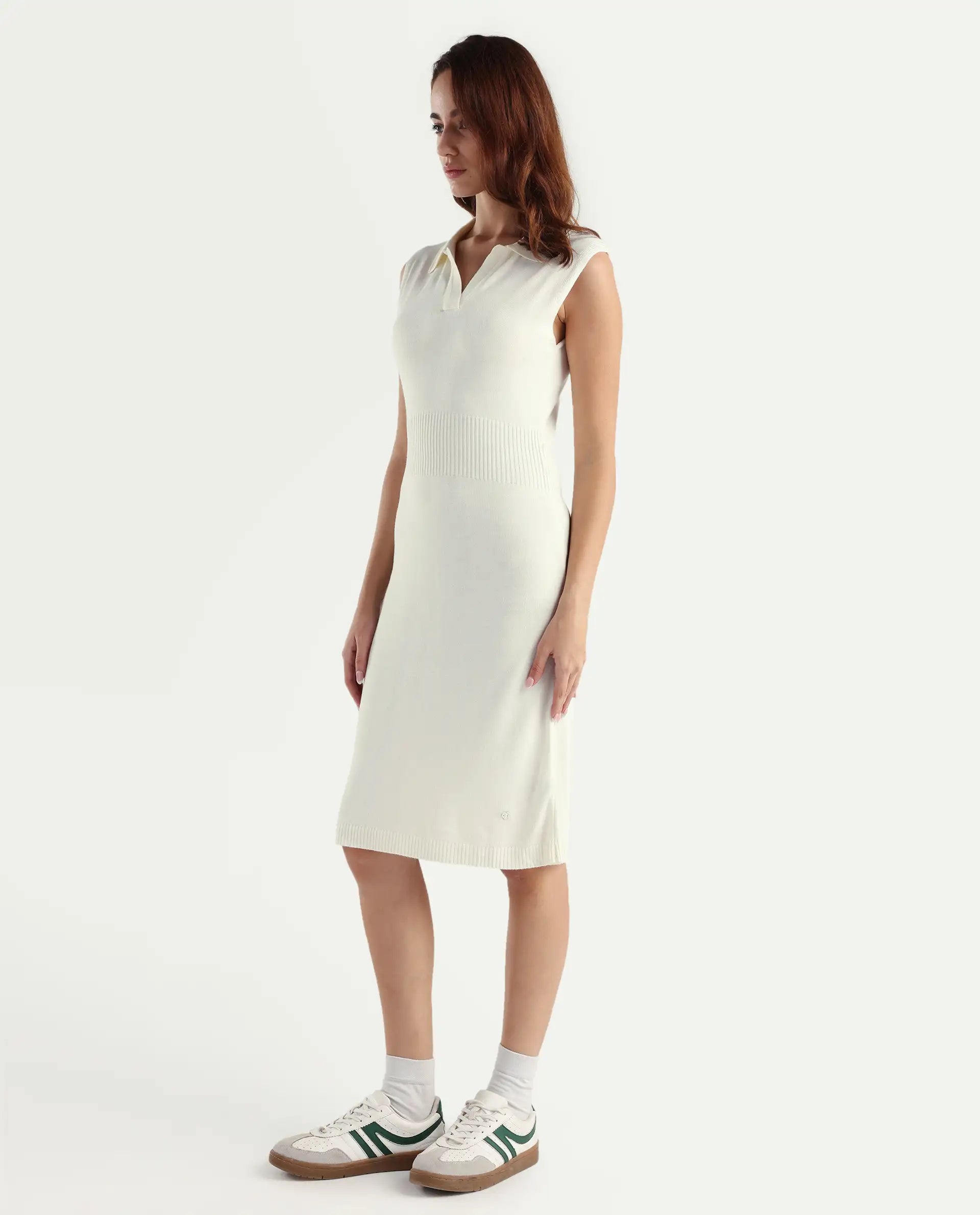 Rareism Women's Knitsy Off White Viscose Spread Collar Plain Sleeveless Knee Length Regular Fit Sweater