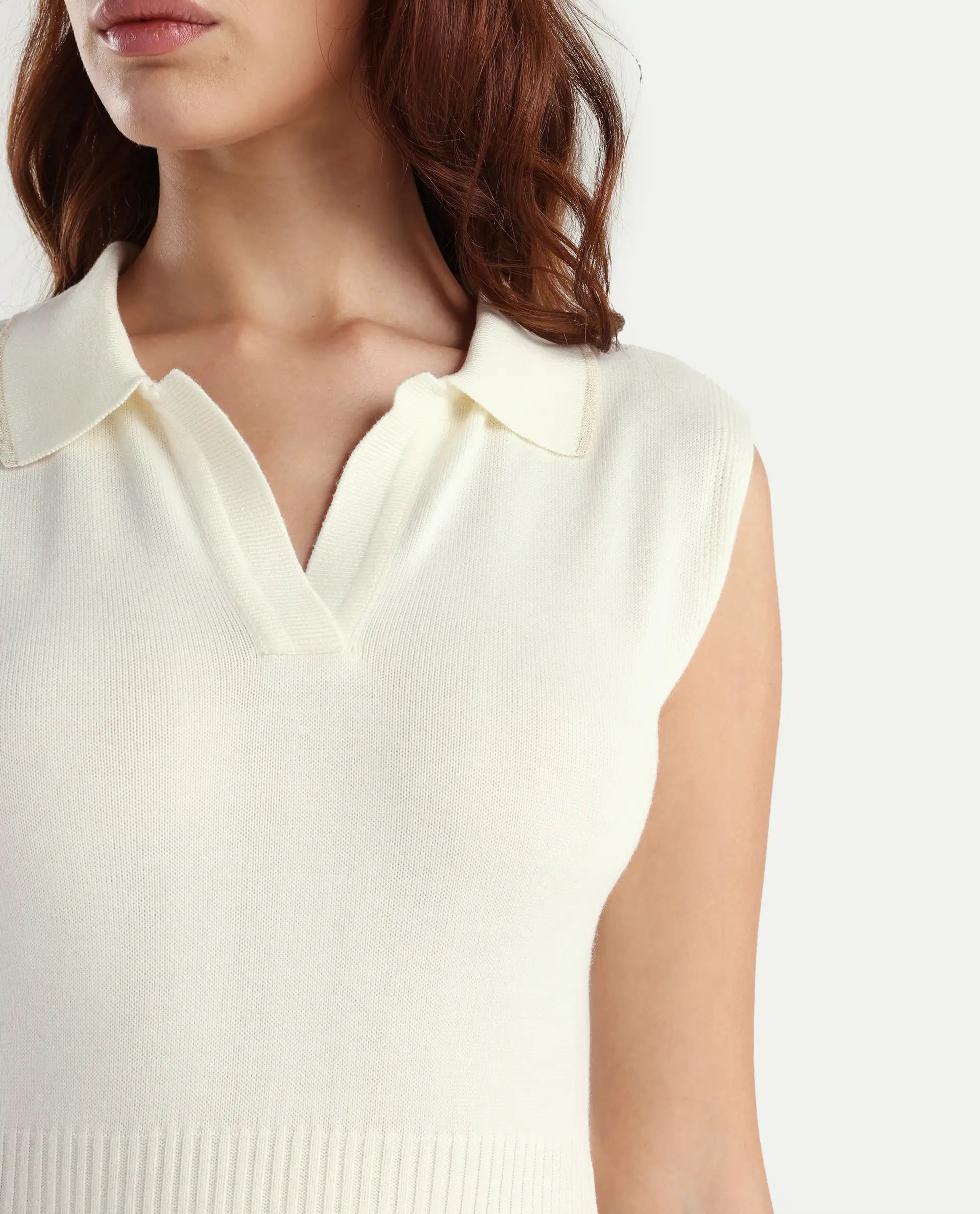 Rareism Women's Knitsy Off White Viscose Spread Collar Plain Sleeveless Knee Length Regular Fit Sweater