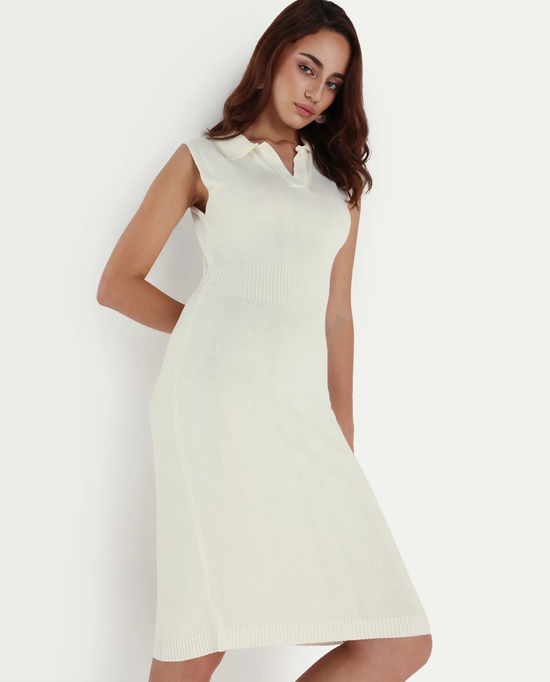 Rareism Women's Knitsy Off White Viscose Spread Collar Plain Sleeveless Knee Length Regular Fit Sweater