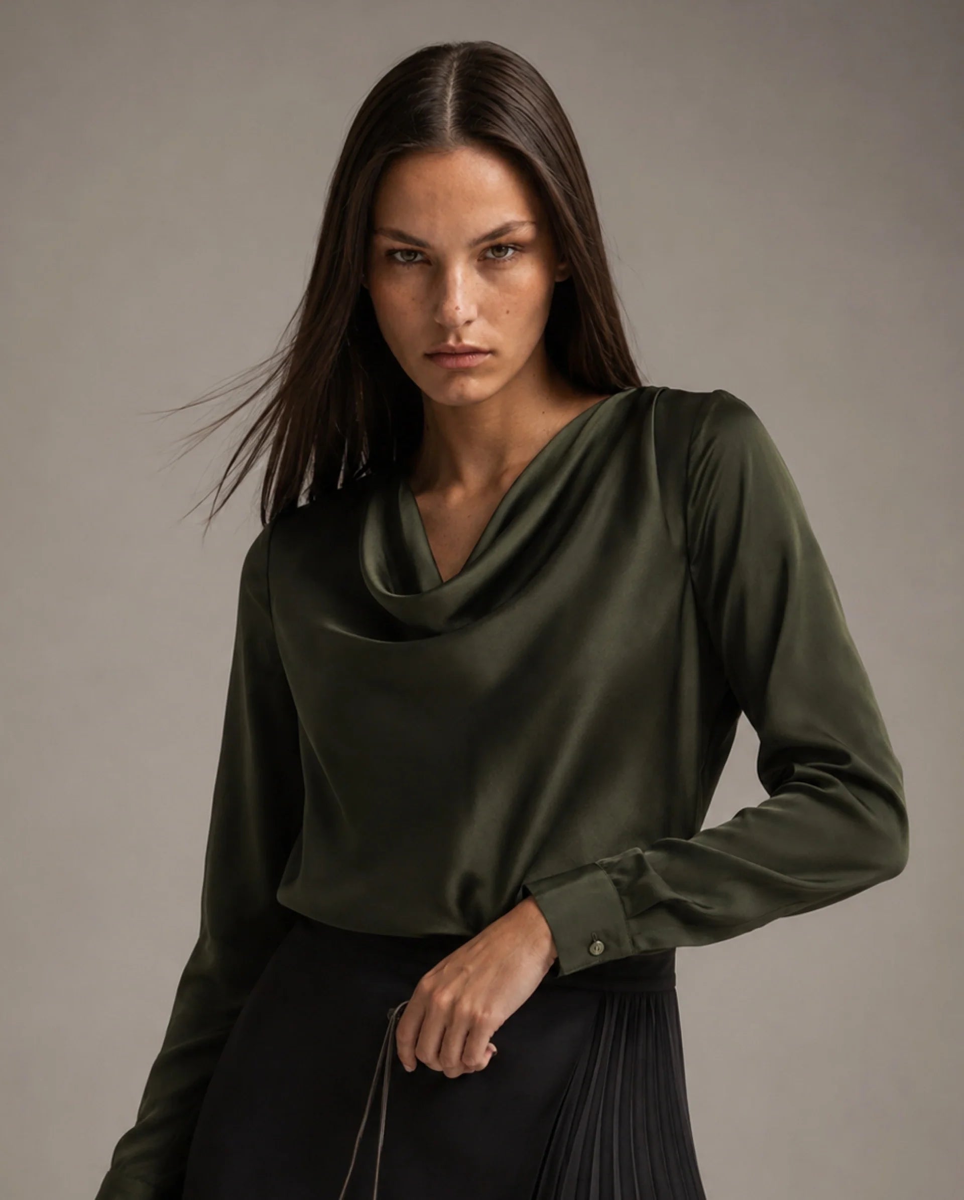 Rareism Women's Avier Olive Polyester Full Sleeve Cowl Neck Regular Fit Plain Top