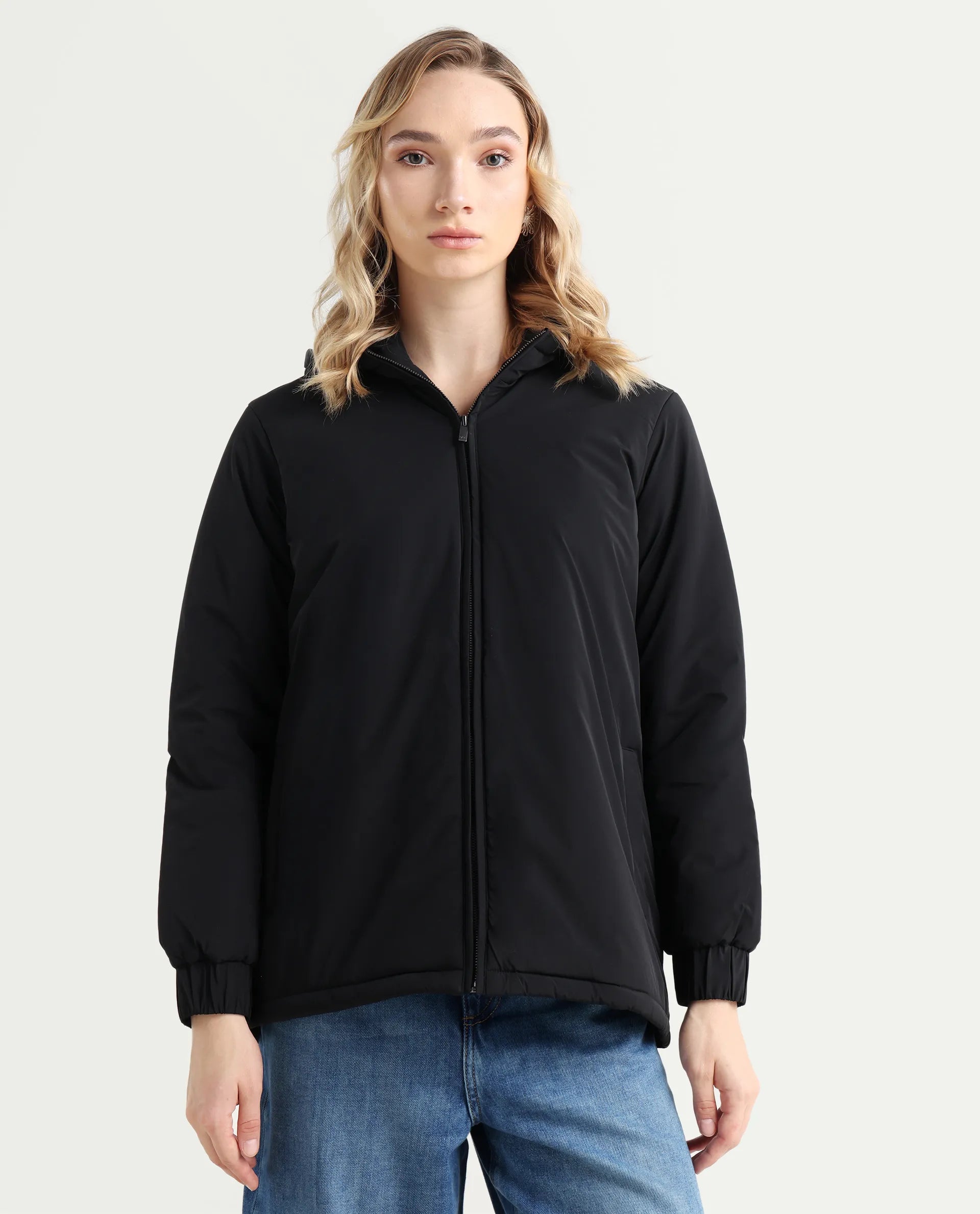 Rareism Women's Kosty Black Polyester Hoody Jacket Plain Jacket