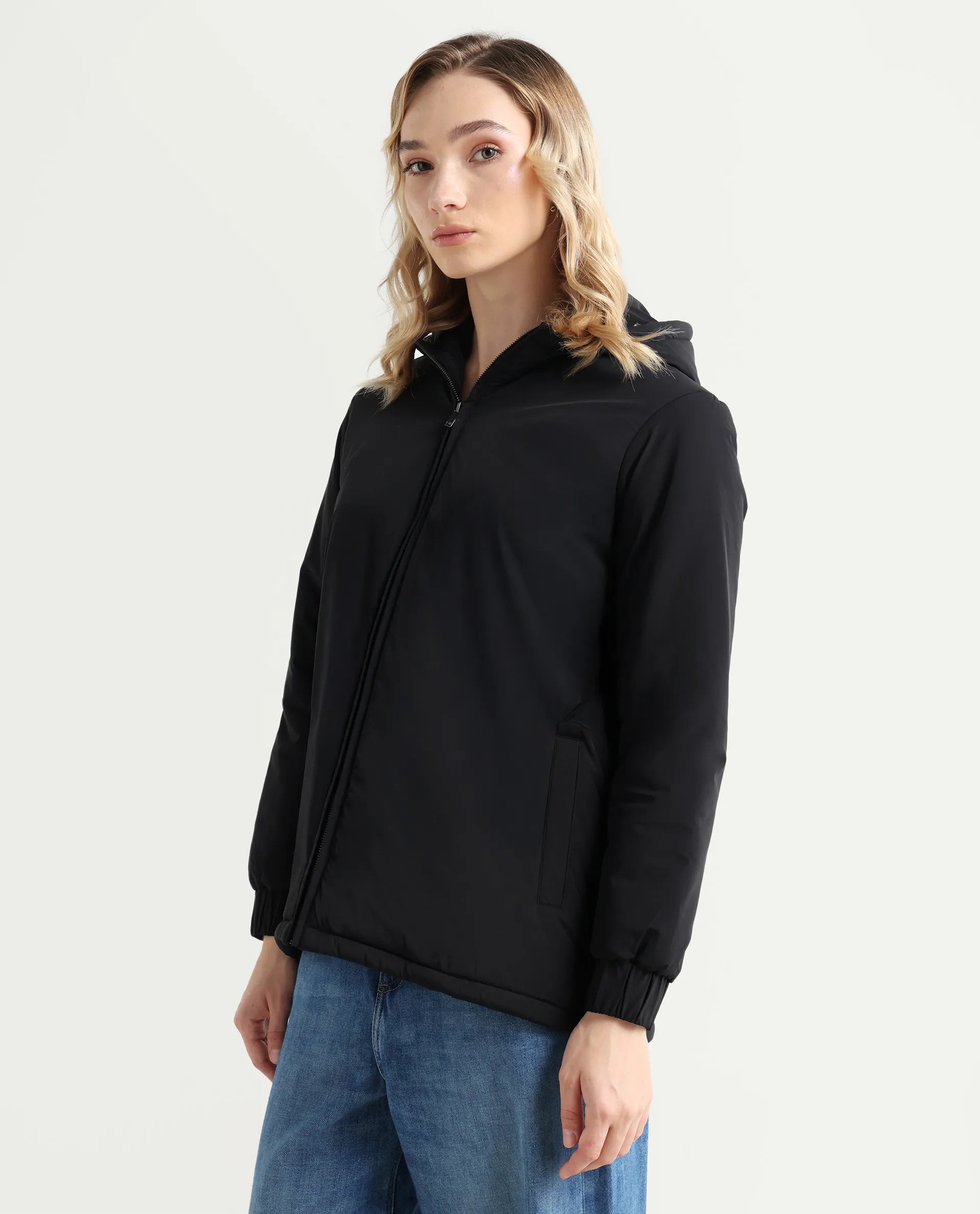 Rareism Women's Kosty Black Polyester Hoody Jacket Plain Jacket
