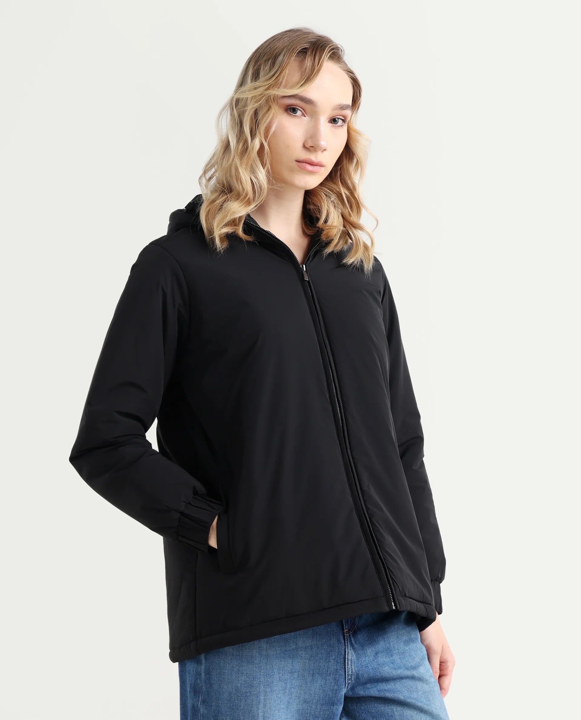 Rareism Women's Kosty Black Polyester Hoody Jacket Plain Jacket