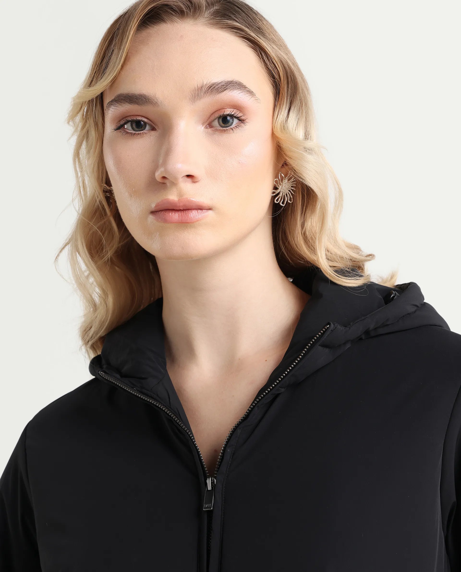 Rareism Women's Kosty Black Polyester Hoody Jacket Plain Jacket