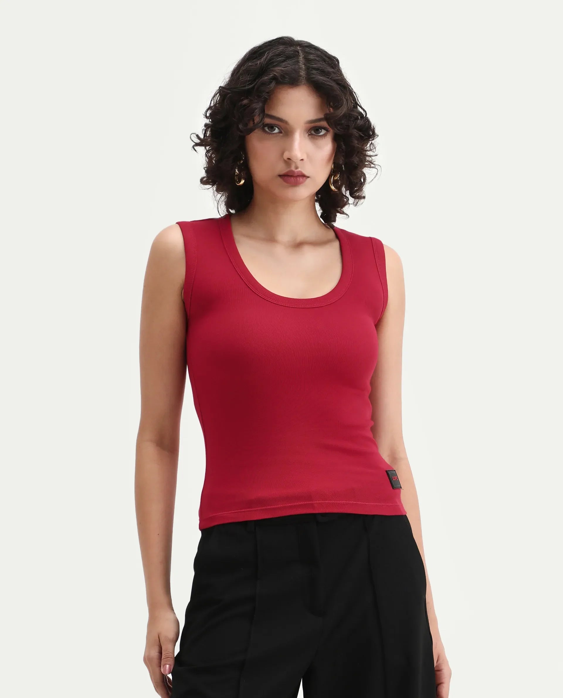 Rareism Women's Krip Red Cotton Boat Neck Plain Sleeveless Regular Fit T-Shirt