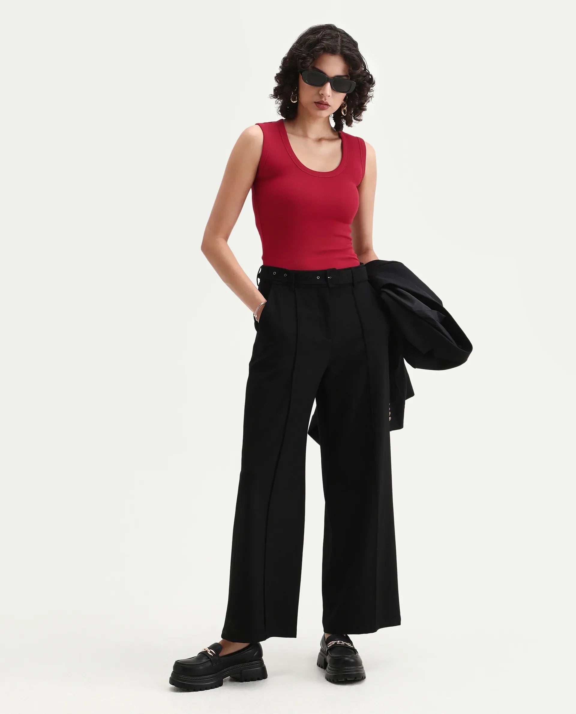 Rareism Women's Krip Red Cotton Boat Neck Plain Sleeveless Regular Fit T-Shirt