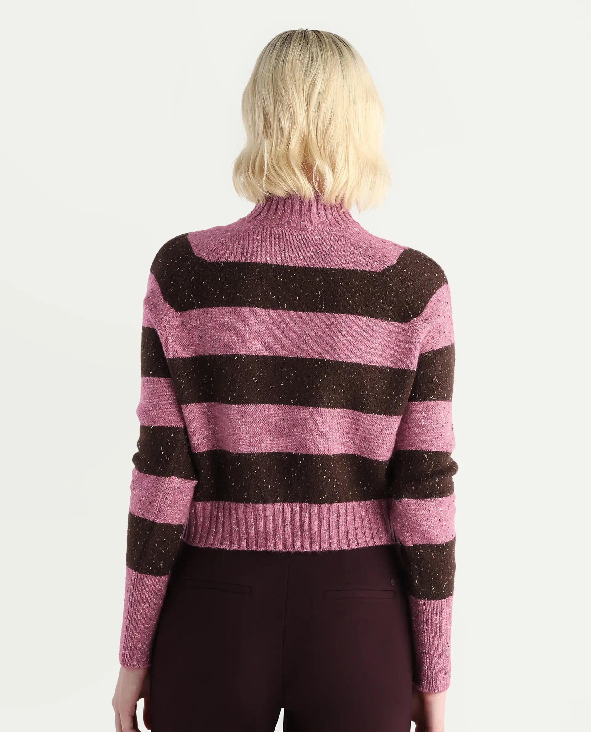 Rareism Women's Kris Dark Brown Acrylic Blend High Neck Relaxed Fit Sweater