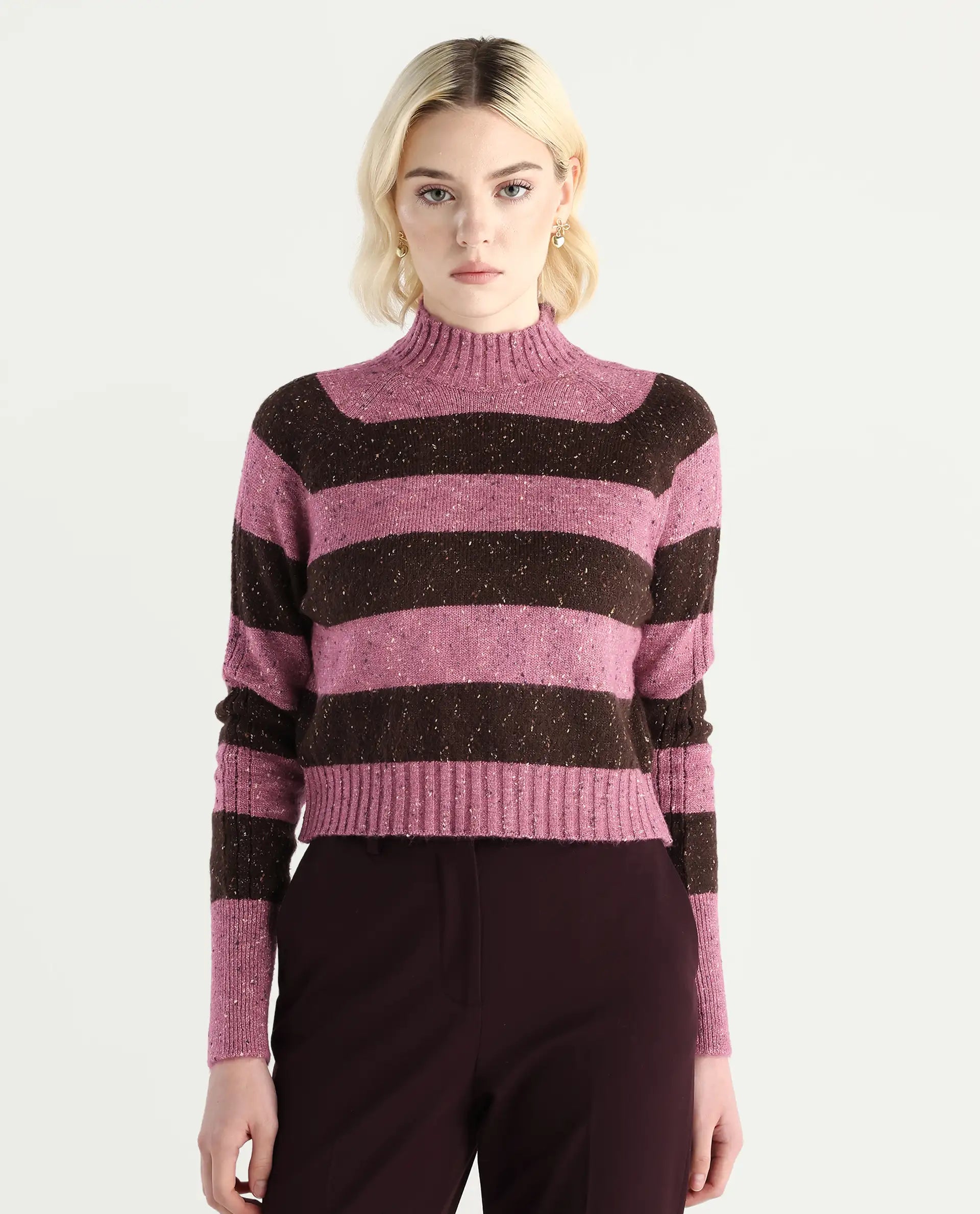 Rareism Women's Kris Dark Brown Acrylic Blend High Neck Relaxed Fit Sweater