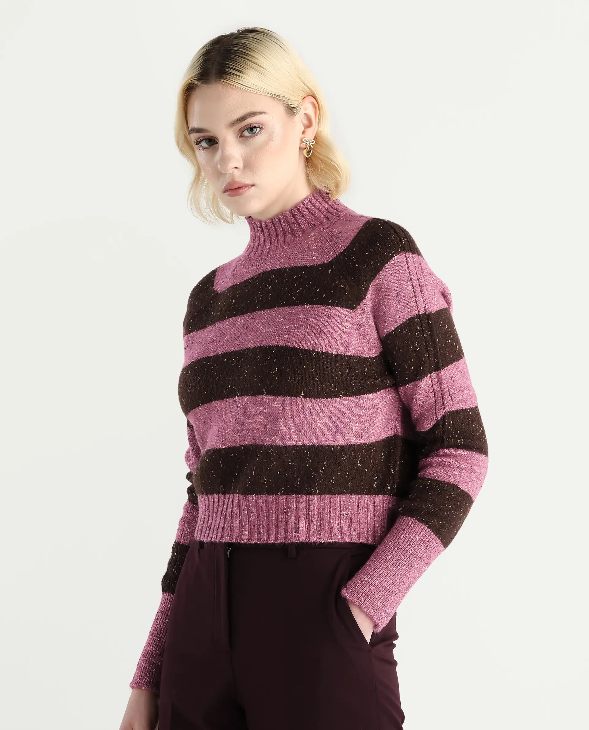 Rareism Women's Kris Dark Brown Acrylic Blend High Neck Relaxed Fit Sweater