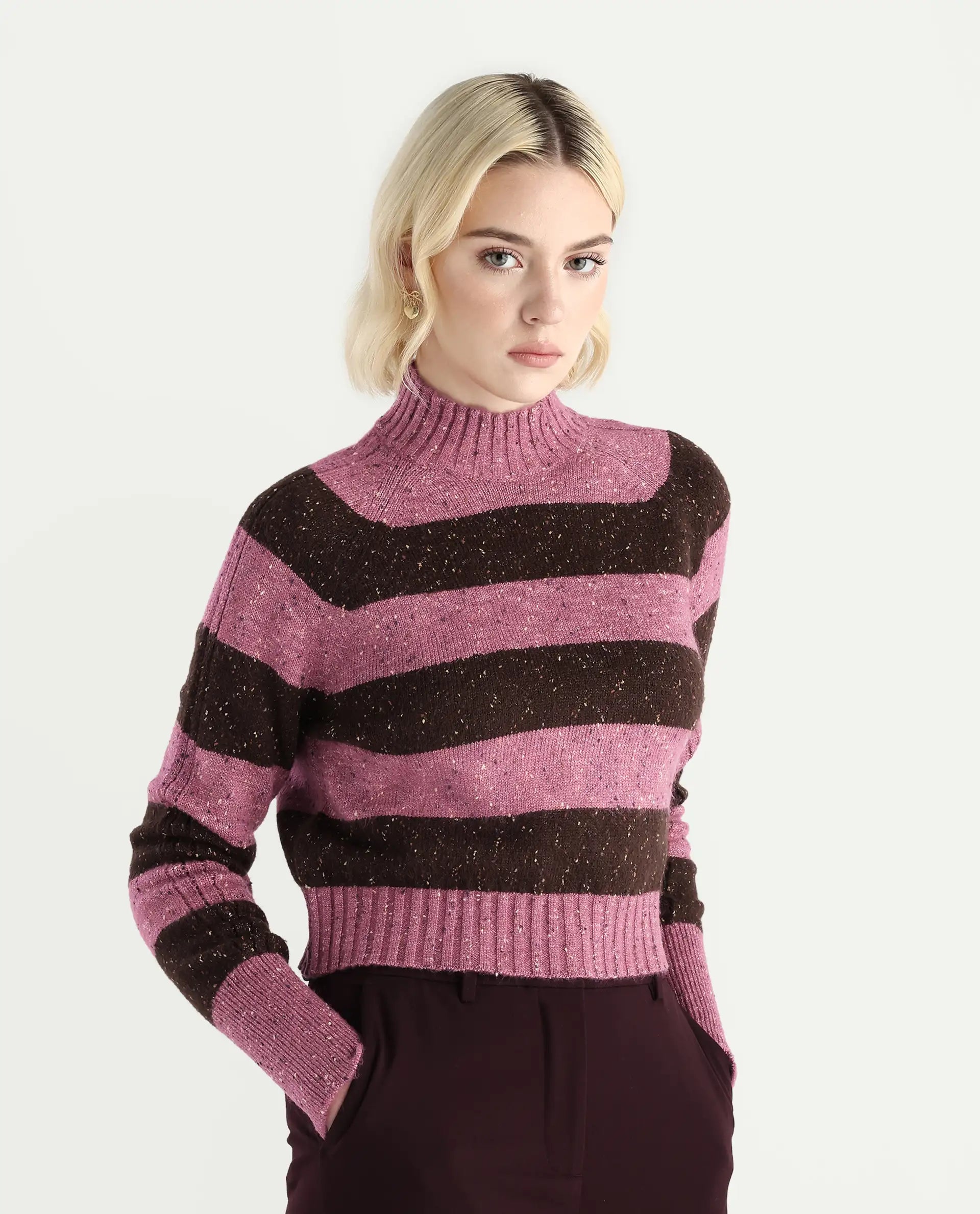 Rareism Women's Kris Dark Brown Acrylic Blend High Neck Relaxed Fit Sweater