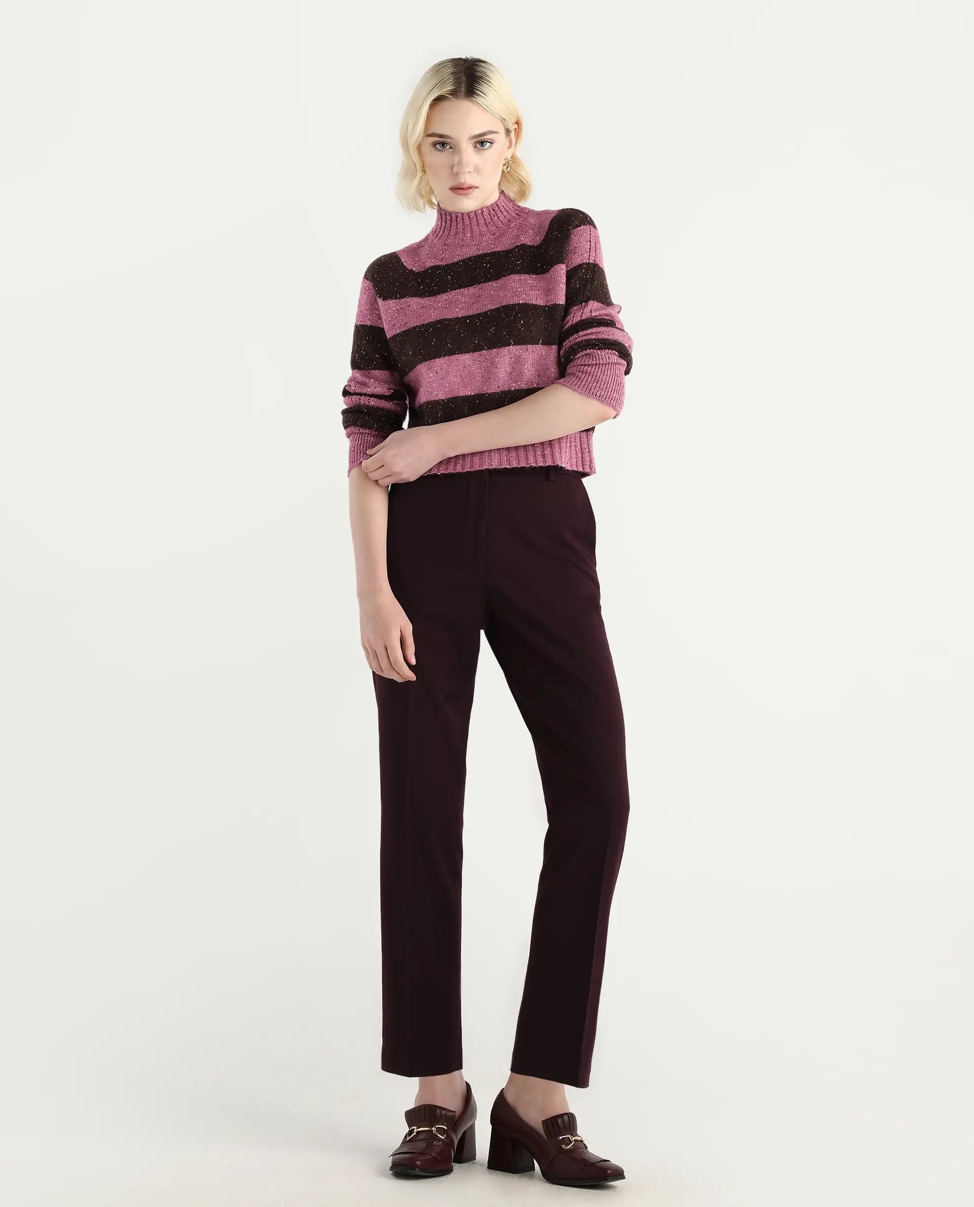 Rareism Women's Kris Dark Brown Acrylic Blend High Neck Relaxed Fit Sweater