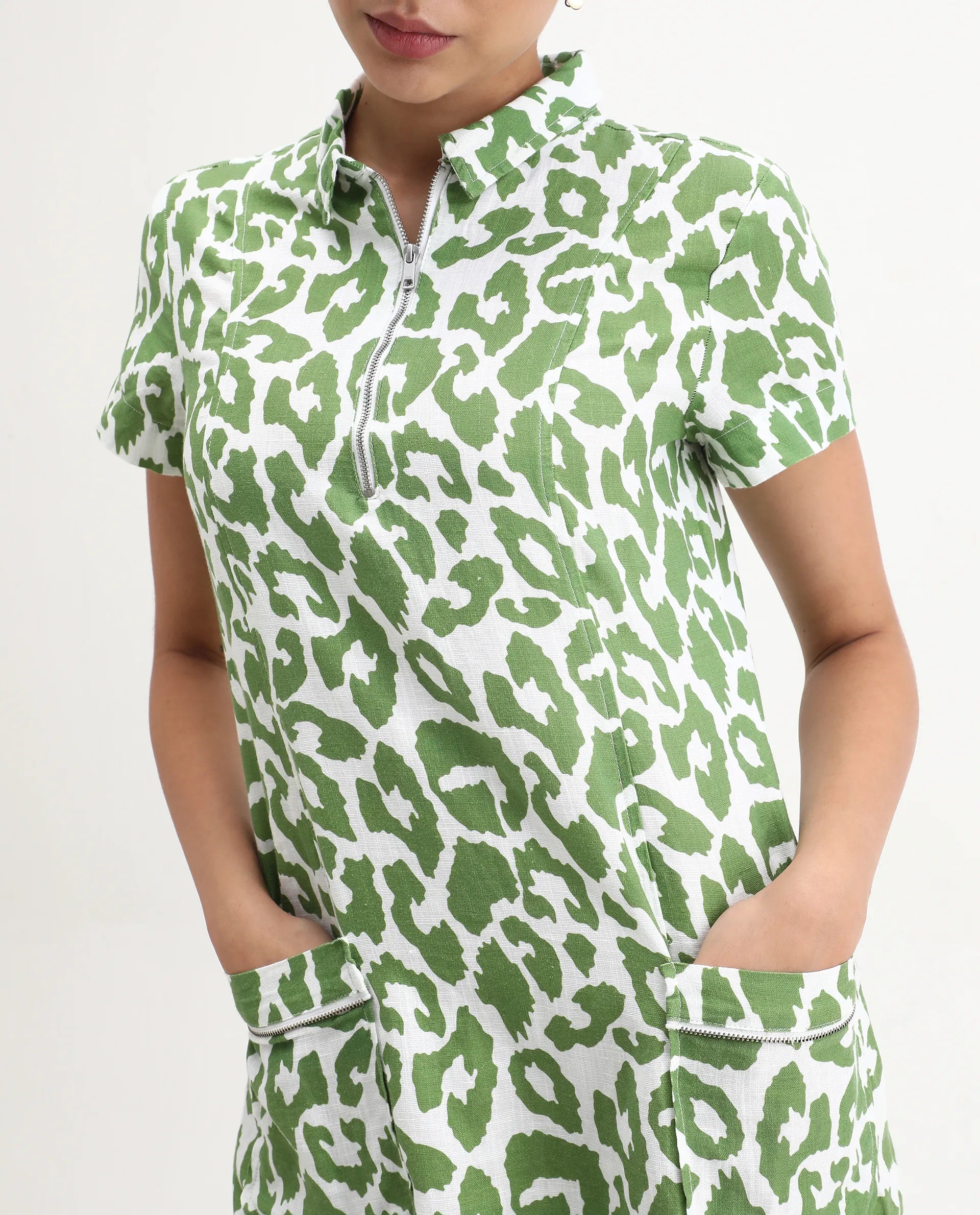 Rareism Women's Kyoti White Linen Spread Collar Abstract Print Regular Fit Dress