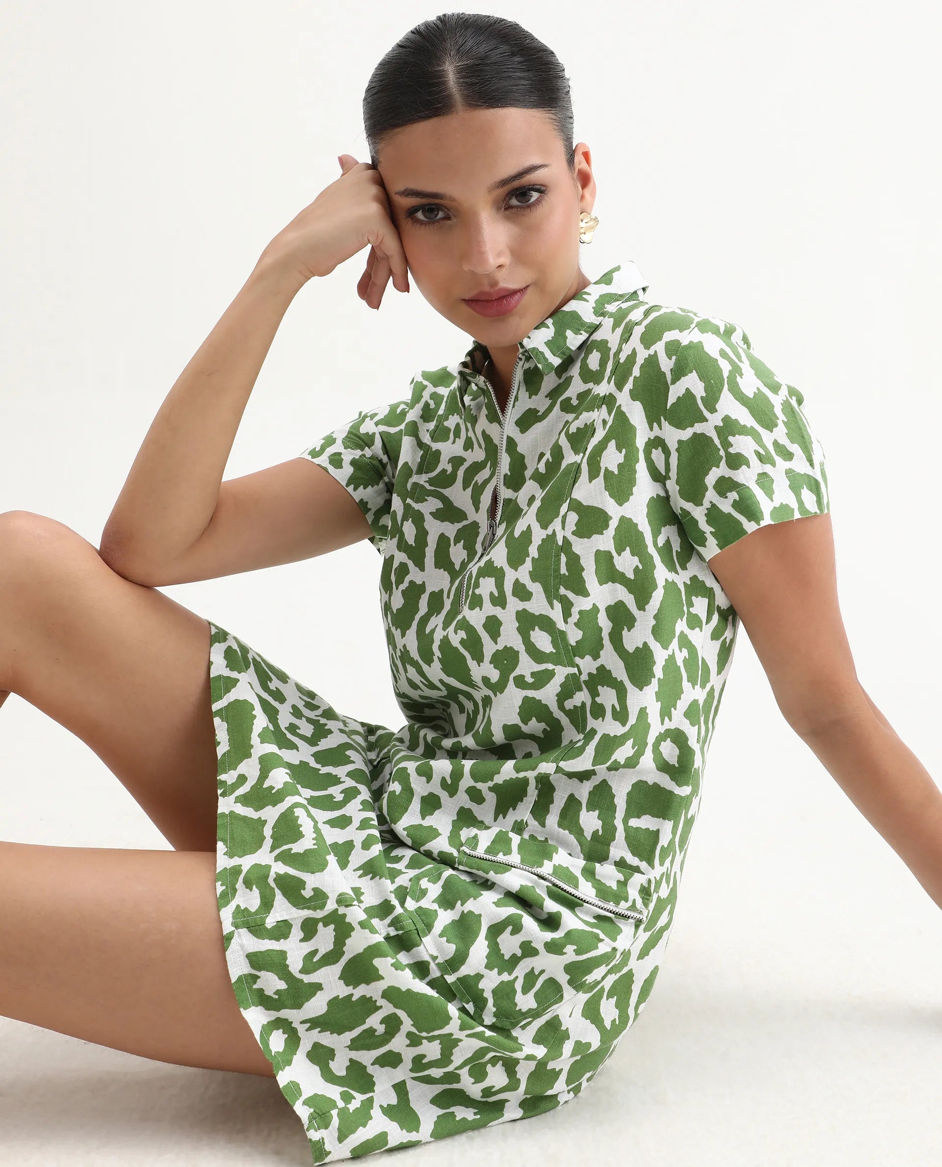 Rareism Women's Kyoti White Linen Spread Collar Abstract Print Regular Fit Dress