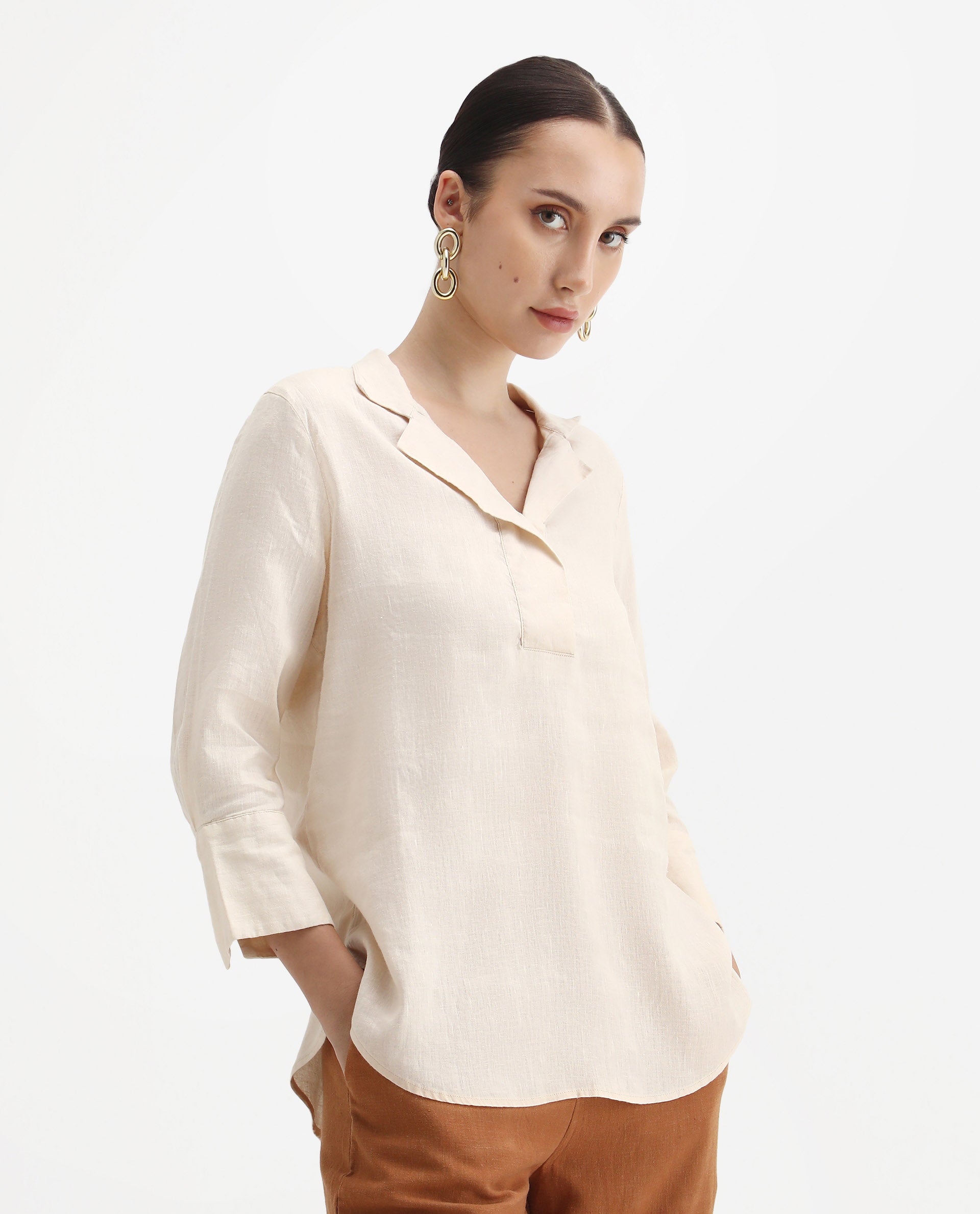Rareism Women's Laos Pastel Beige Linen Blend V-Neck Plain Regular Fit Top