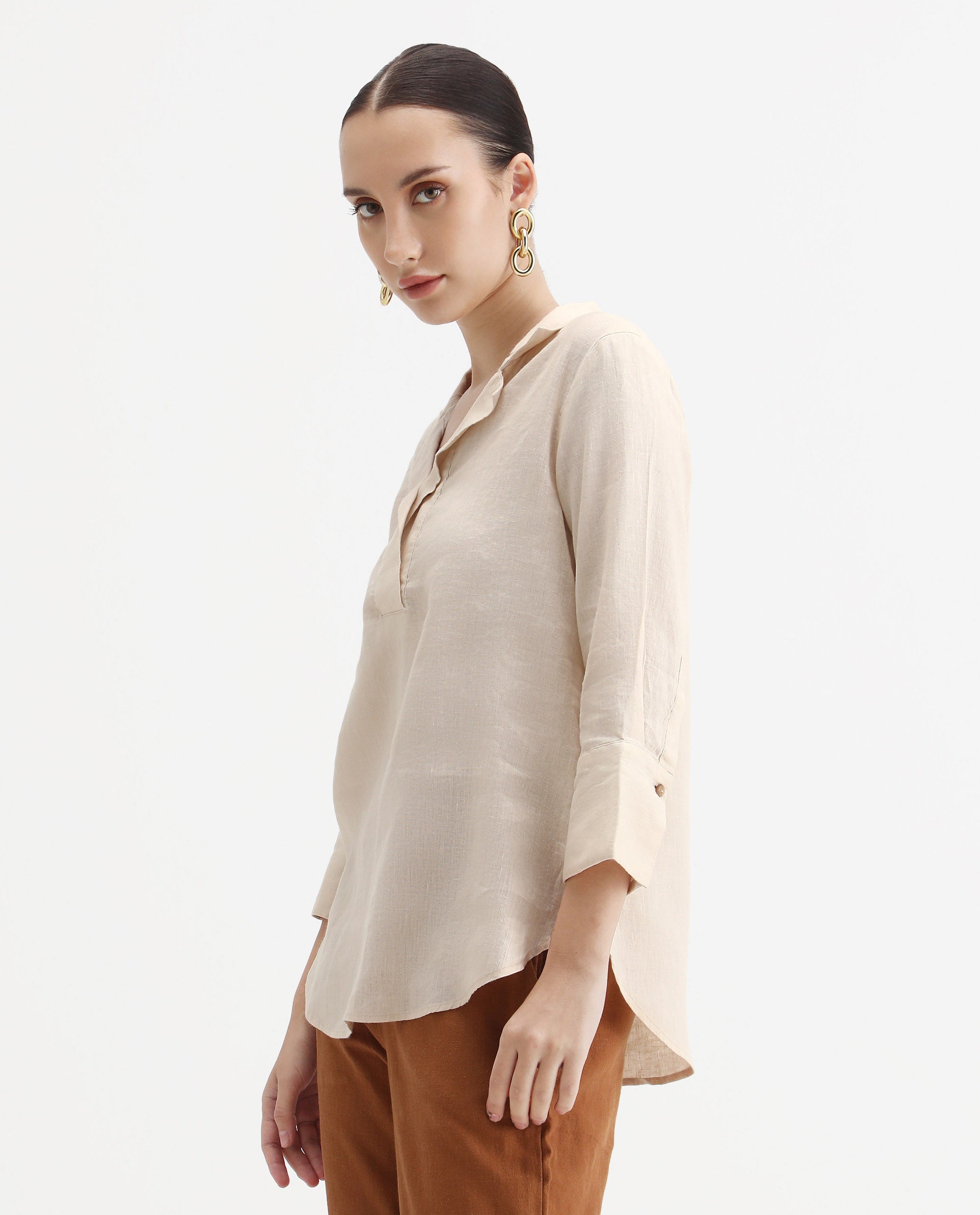Rareism Women's Laos Pastel Beige Linen Blend V-Neck Plain Regular Fit Top