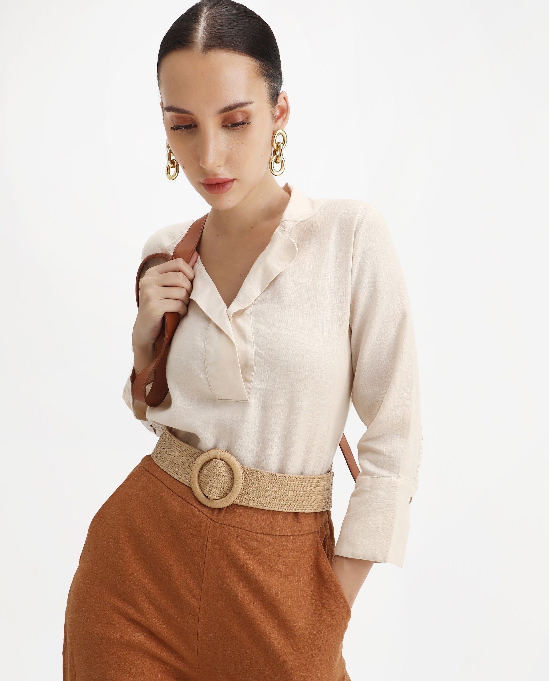 Rareism Women's Laos Pastel Beige Linen Blend V-Neck Plain Regular Fit Top
