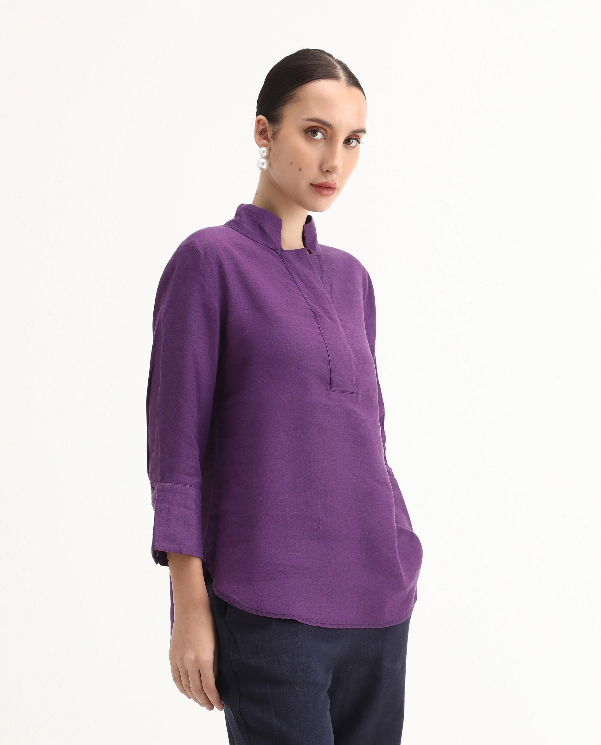 Rareism Women's Laos Purple Cotton Blend V-Neck Plain Regular Fit Top