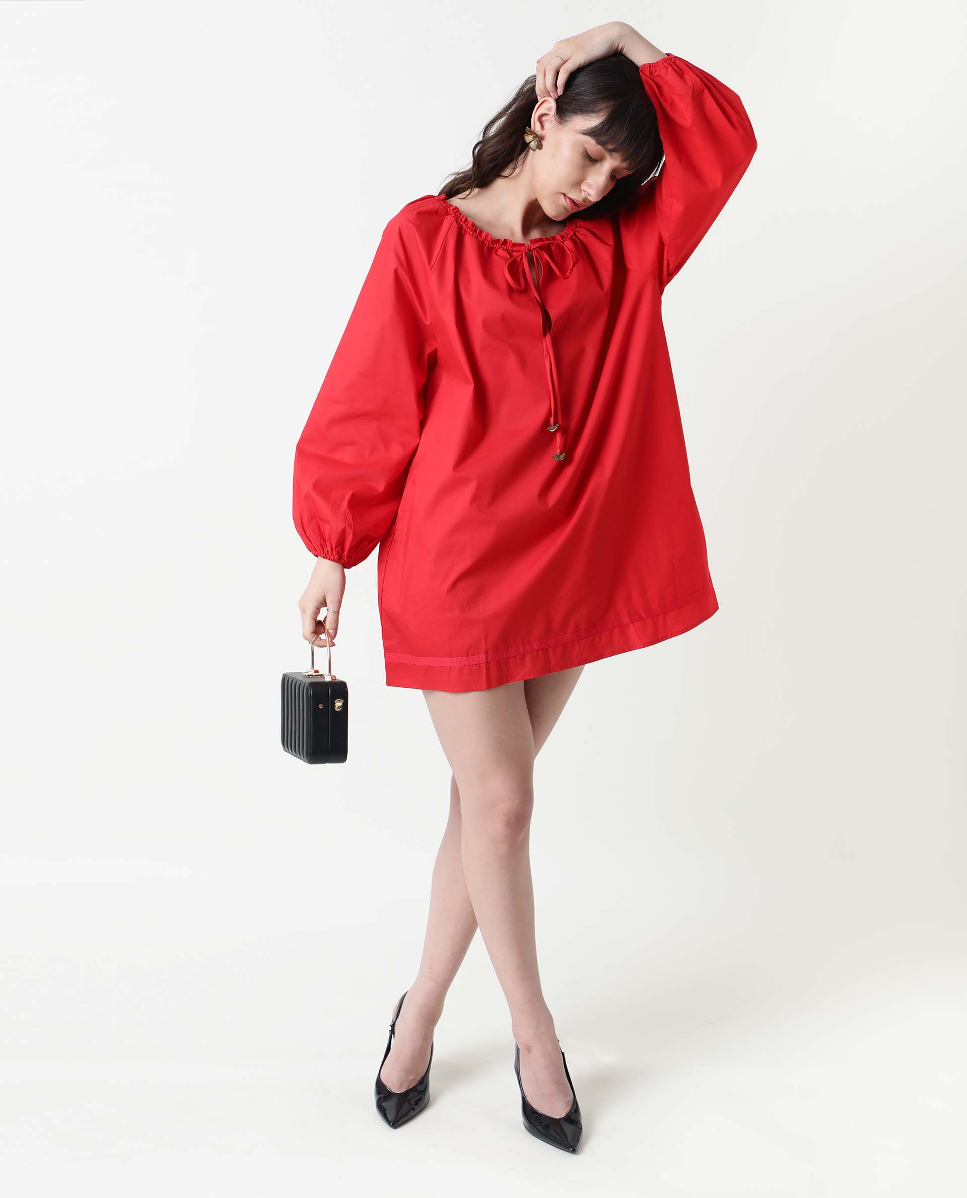 Rareism Womens Sapie Red Dress Cotton Fabric Boxy Fit Round Neck
