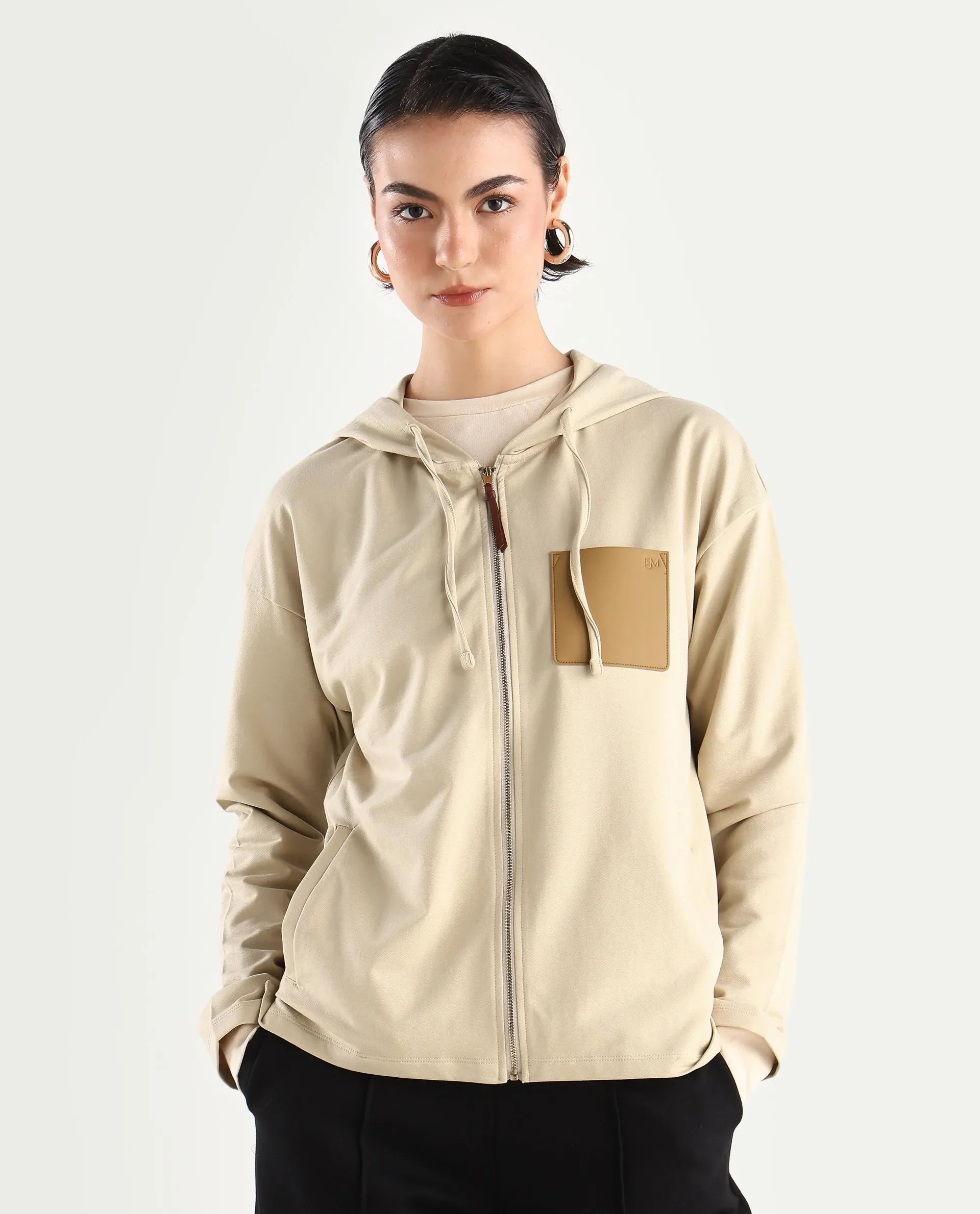 Rareism Women's Leth Light Brown Cotton Blend Hooded Plain Relaxed Fit Sweatshirt