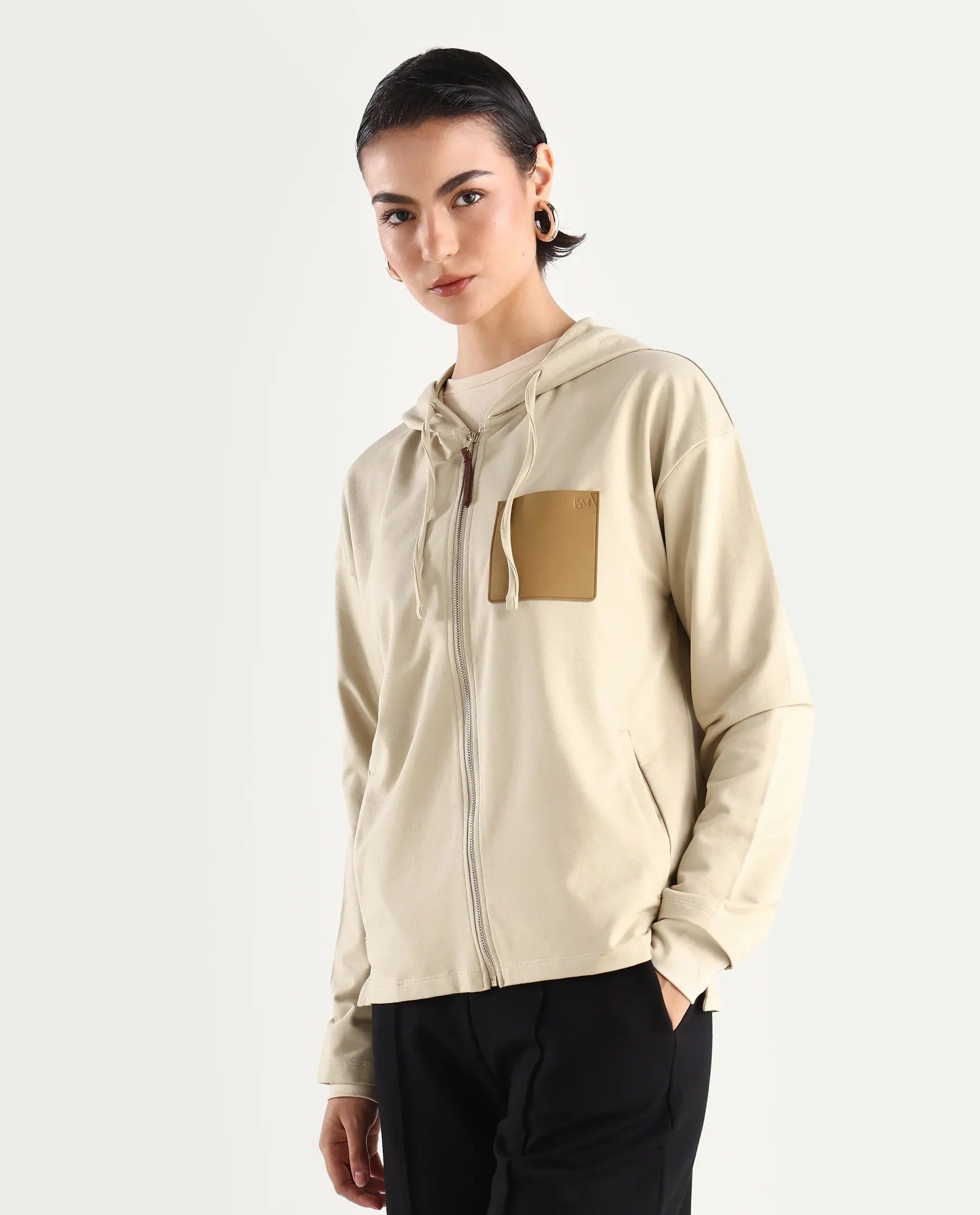 Rareism Women's Leth Light Brown Cotton Blend Hooded Plain Relaxed Fit Sweatshirt