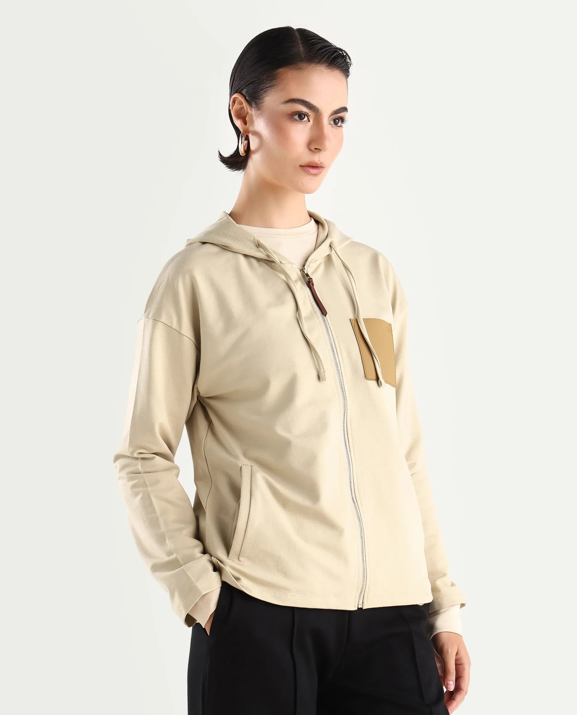 Rareism Women's Leth Light Brown Cotton Blend Hooded Plain Relaxed Fit Sweatshirt