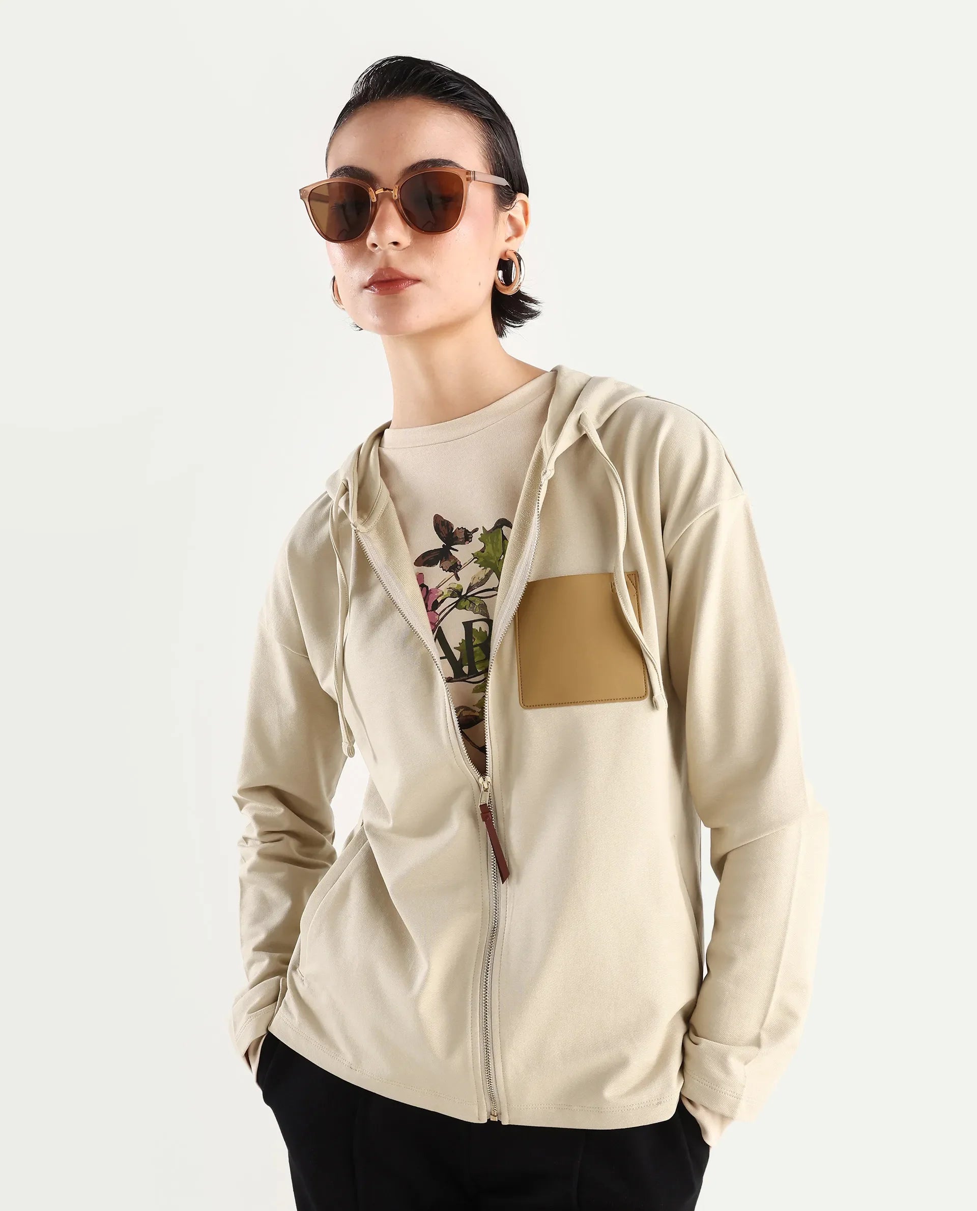 Rareism Women's Leth Light Brown Cotton Blend Hooded Plain Relaxed Fit Sweatshirt