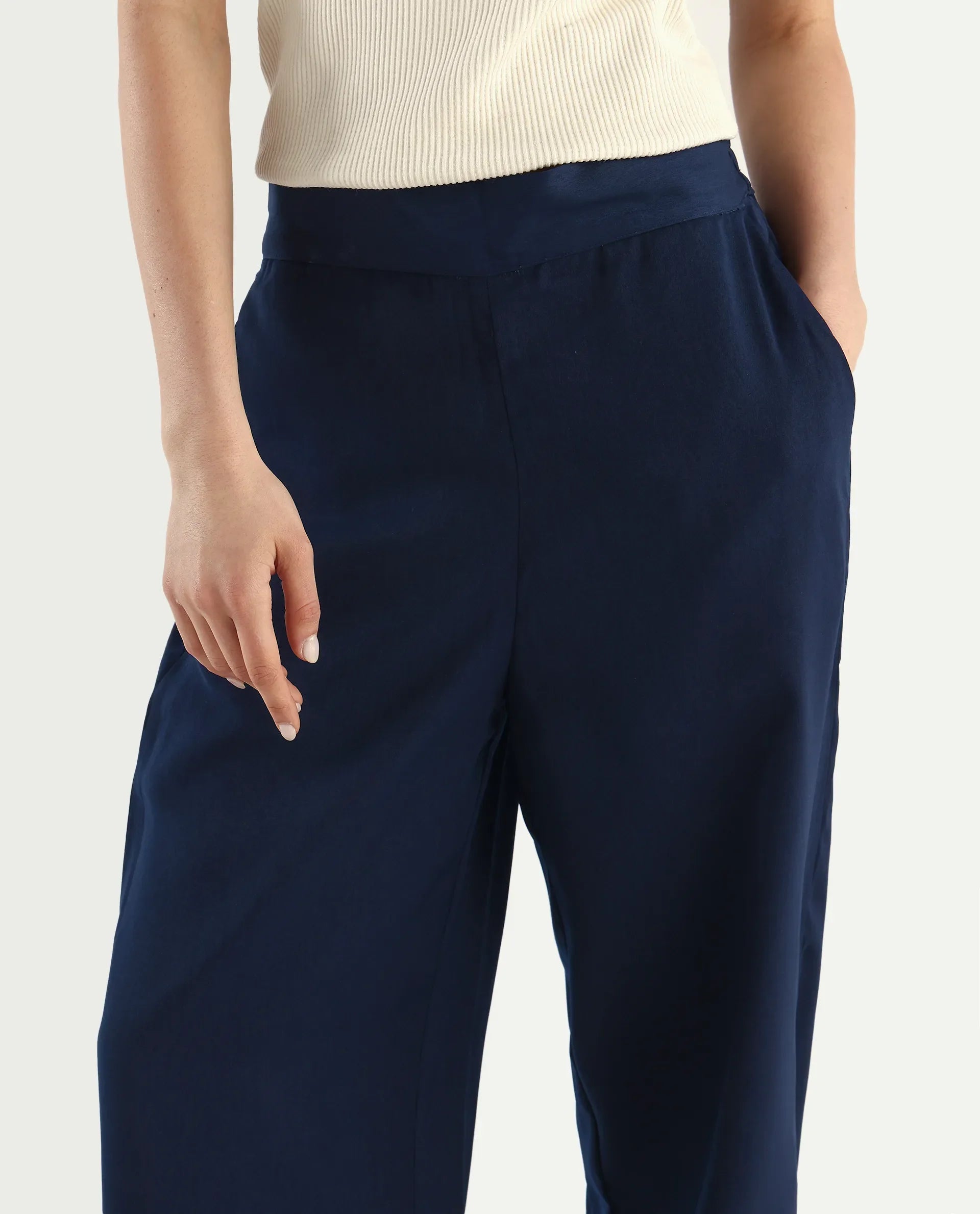 Rareism Women's Leville-B Dark Blue Polyester Blend Plain Straight Fit Trouser