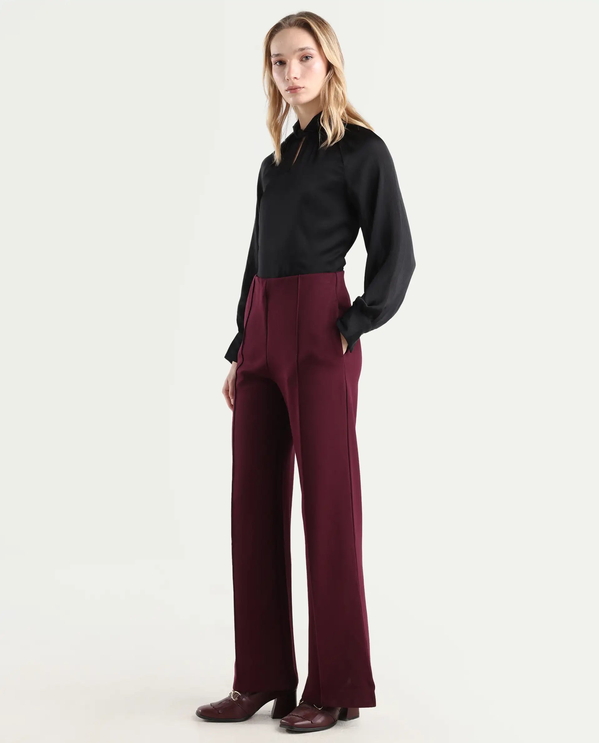 Rareism Women's Lex Dark Maroon Cotton Blend Straight Fit Track Pant