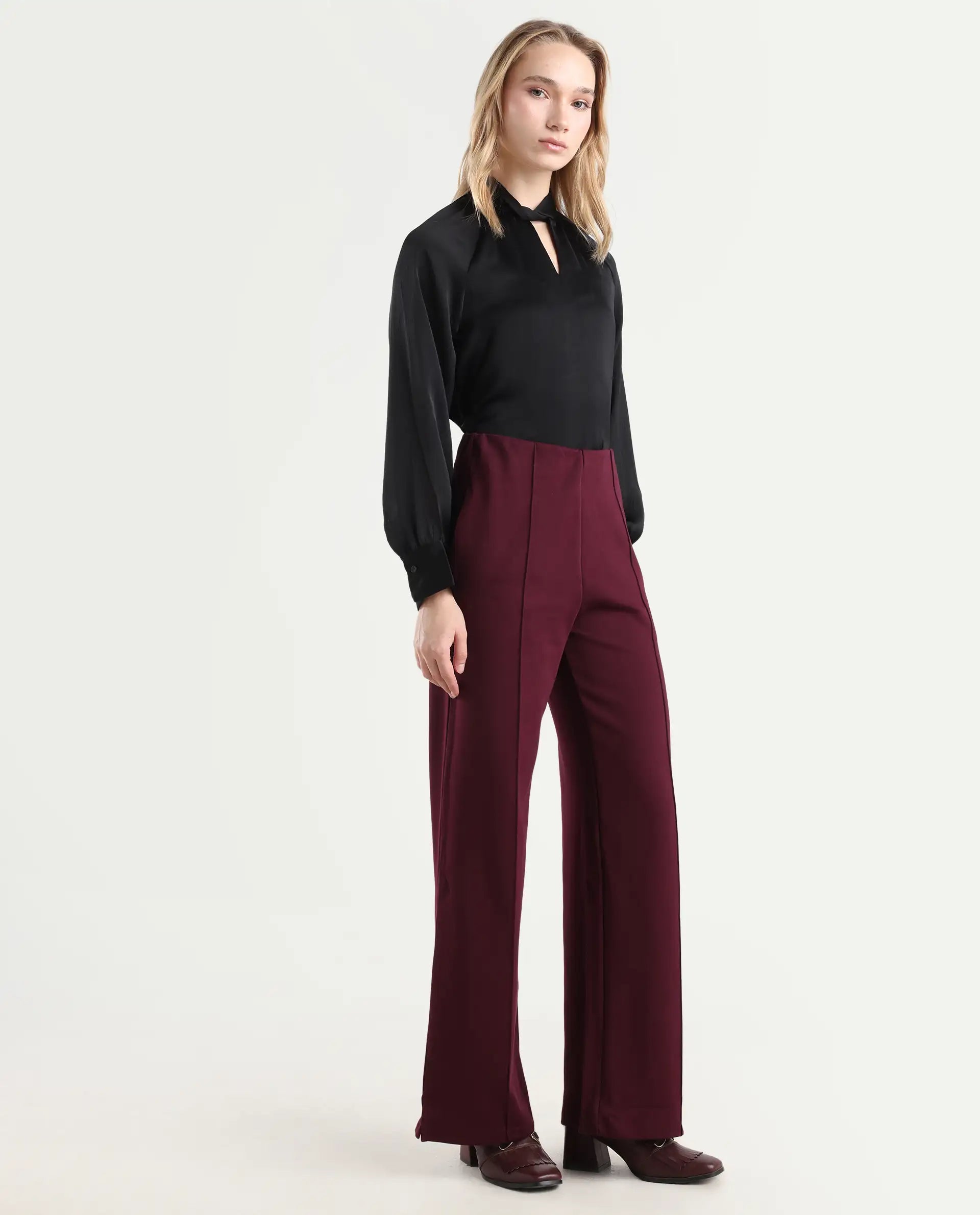Rareism Women's Lex Dark Maroon Cotton Blend Straight Fit Track Pant
