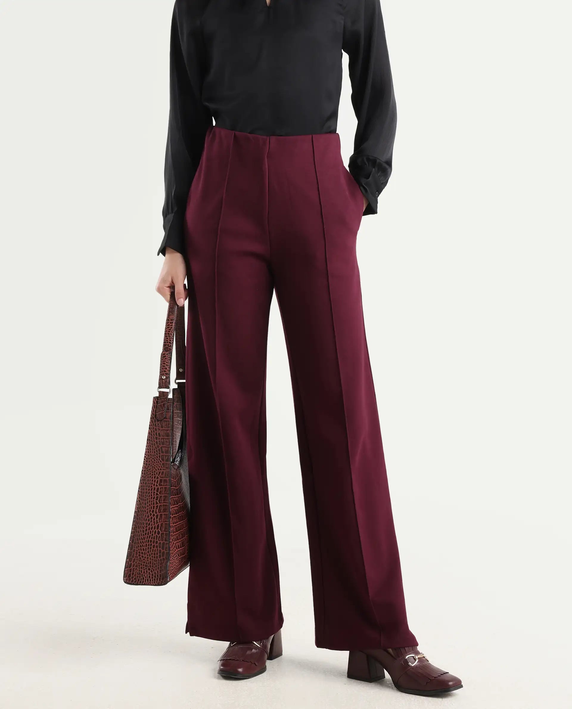 Rareism Women's Lex Dark Maroon Cotton Blend Straight Fit Track Pant