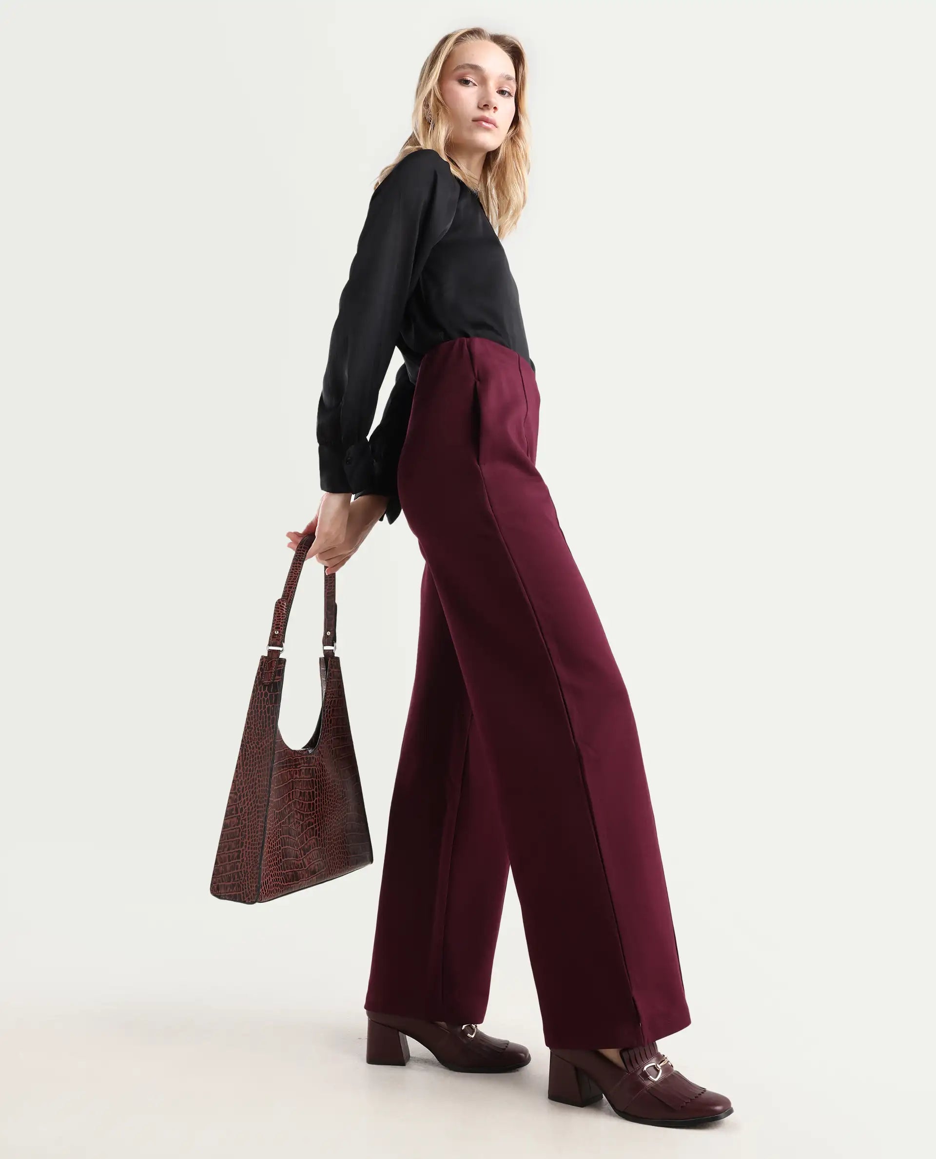 Rareism Women's Lex Dark Maroon Cotton Blend Straight Fit Track Pant