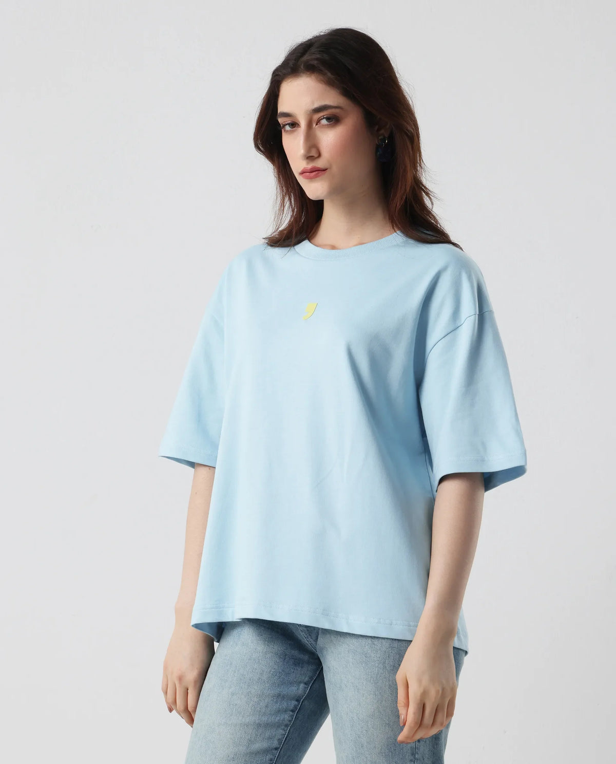 Rareism Women's Liche Blue Cotton Graphic Print Oversized T-Shirt