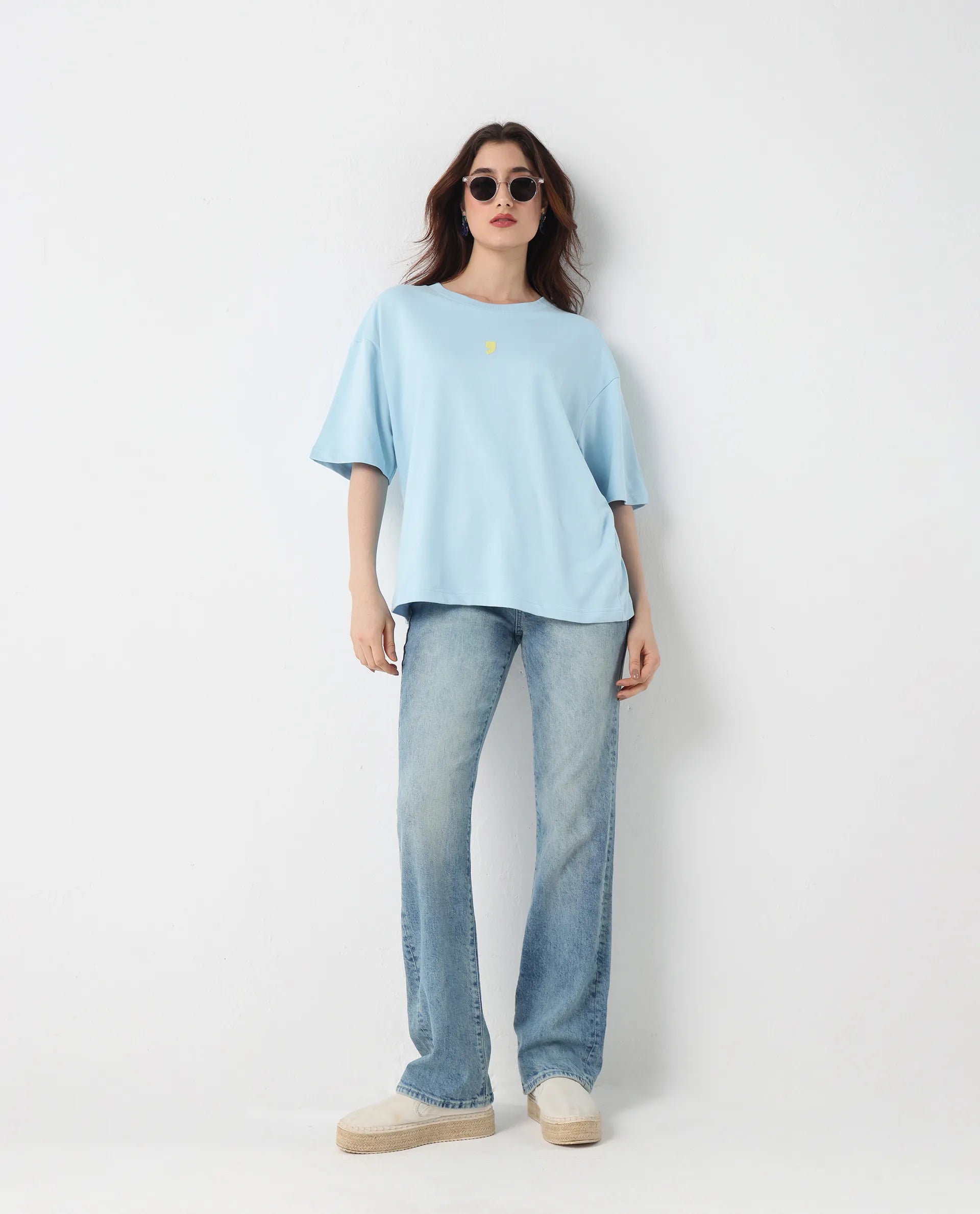 Rareism Women's Liche Blue Cotton Graphic Print Oversized T-Shirt